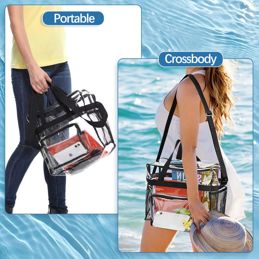 Przezroczysta torba tote bag, 2 szt., duża torba toaletowa, z regulowanym paskiem na ramię i zamkiem błyskawicznym, wodoszczelna przezroczysta torba na przybory toaletowe, na stadion, do pracy, sportu