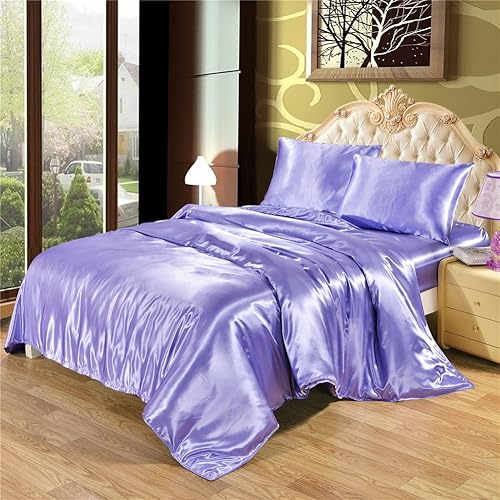 Miniatura 2 de Juego de funda de edredón de calidad hotelera, color lilalavanda, tamaño queenmatrimonial, ropa de cama de satén similar a la seda con lazos