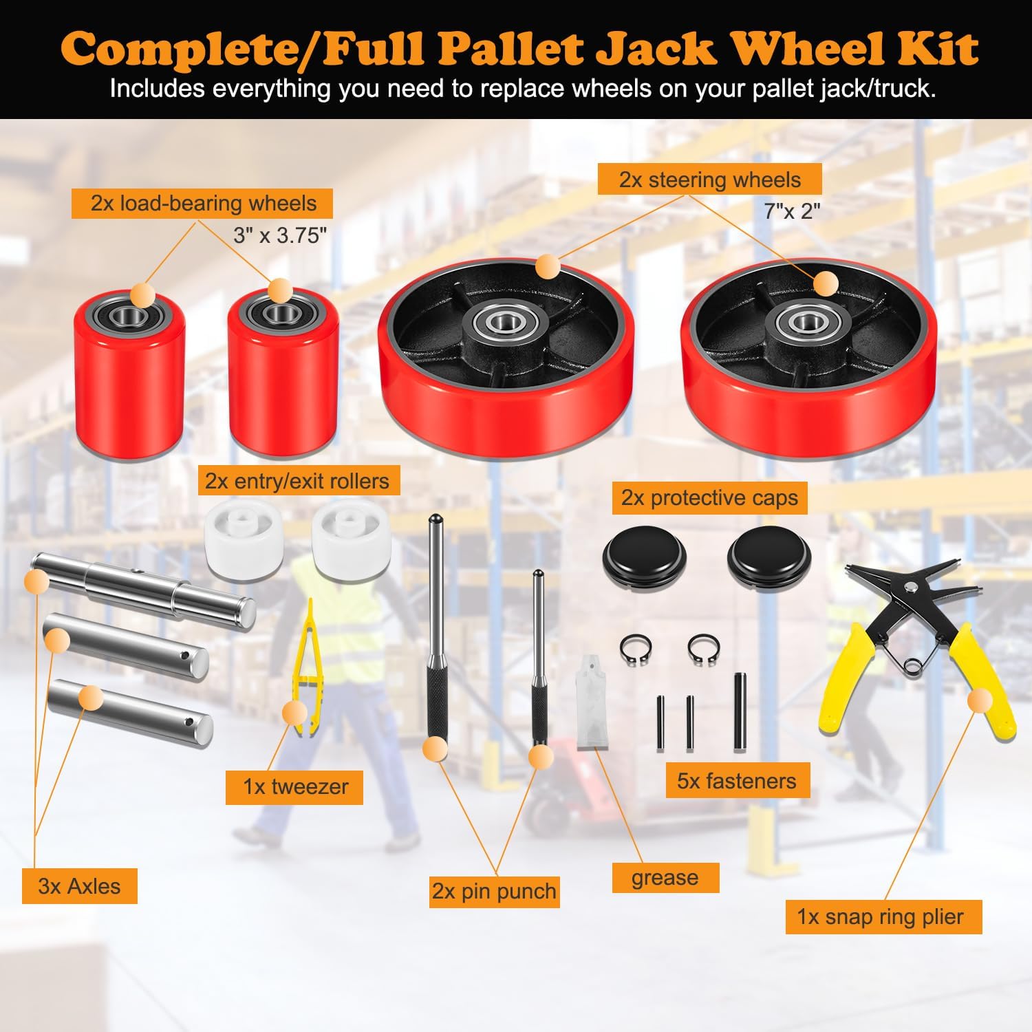 Pallet Jack/Truck Full Wheel Replacement Kit, Pair Steering Wheels (7"x 2"), Pair Front Load Roller(3" x 3.75"), with Pre-Installed Bearings, Axles, 20mm ID Poly Tread, Entry Rollers, Install Tool Kit