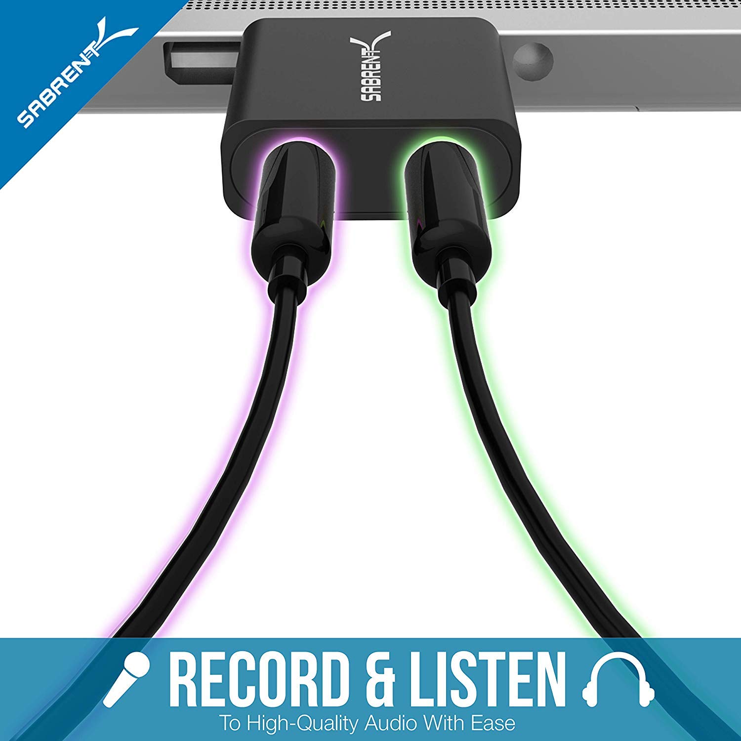 SABRENT Adapter audio USB na 3,5 mm, zewnętrzna karta dźwiękowa, adapter do słuchawek USB, adapter do zestawu słuchawkowego do komputera, USB DAC z TRRS, rozszerzenie USB w zestawie (AU-EMCB)