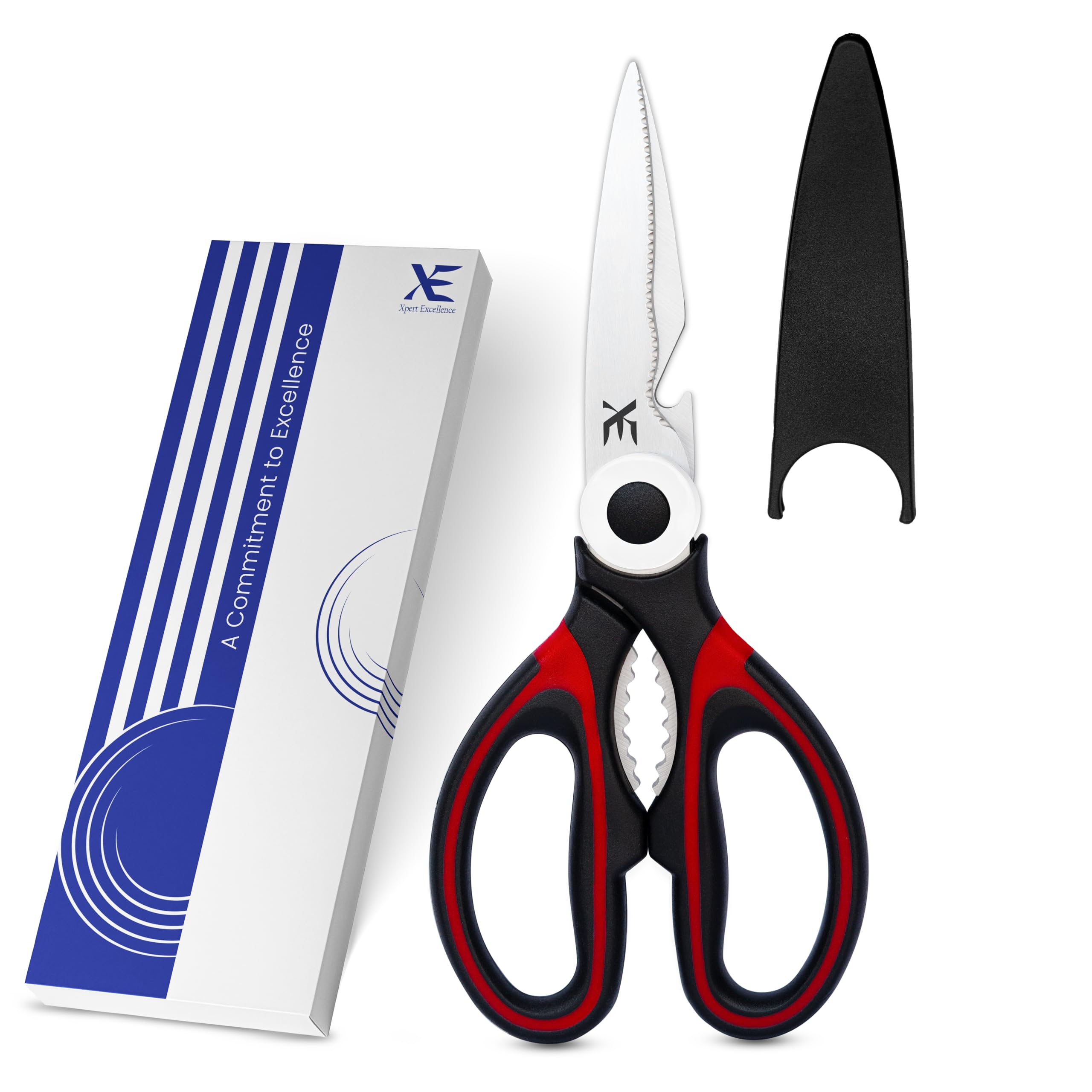XE Kitchen Shears Heavy Duty - Stainless Steel Meat Scissors with Cover for Chicken, Fish, Vegetables, Herbs and Bottle Opener Multipurpose Cooking Scissors