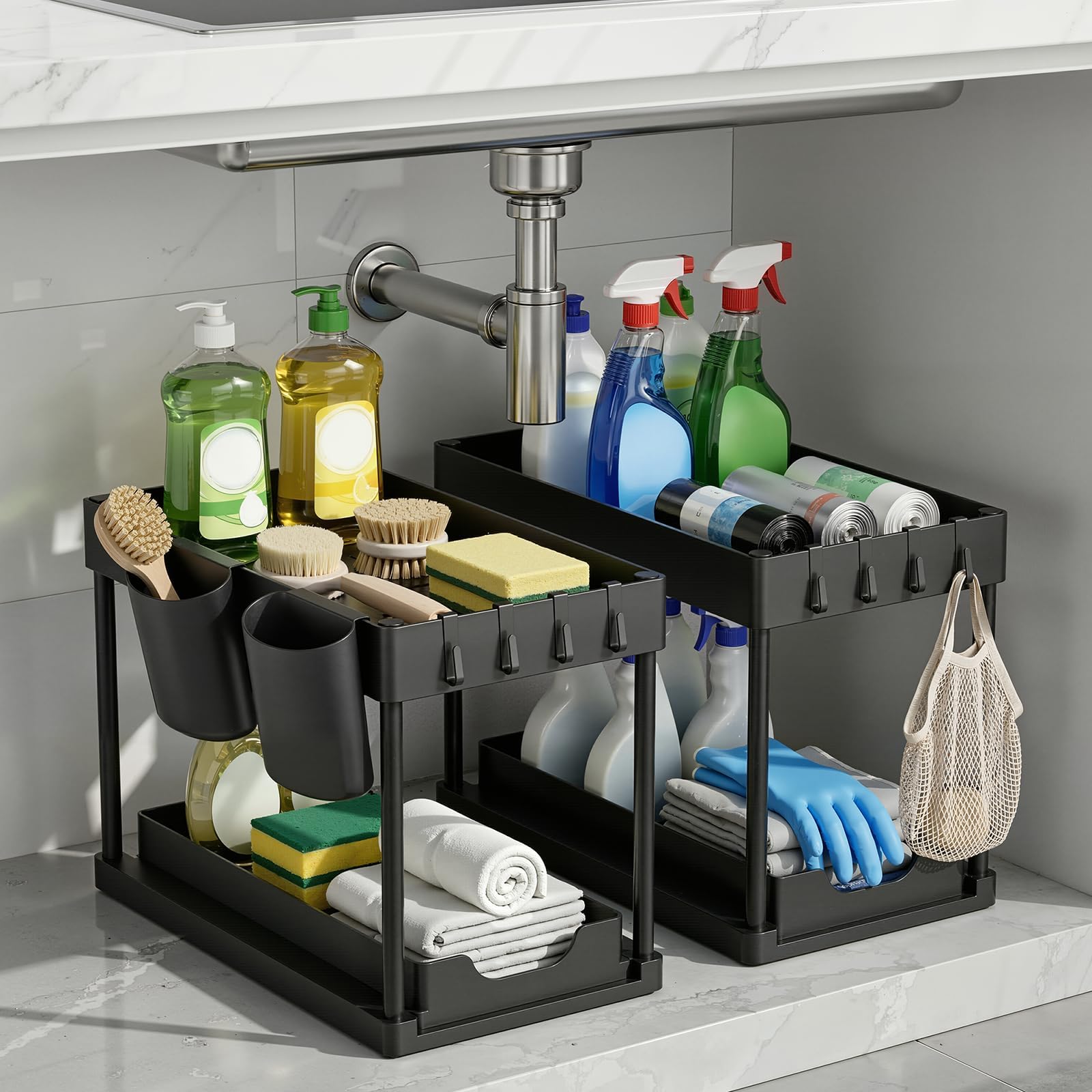 Under Sink Storage 2 Pack, 2 Tier Sliding Drawer Organiser with Hooks