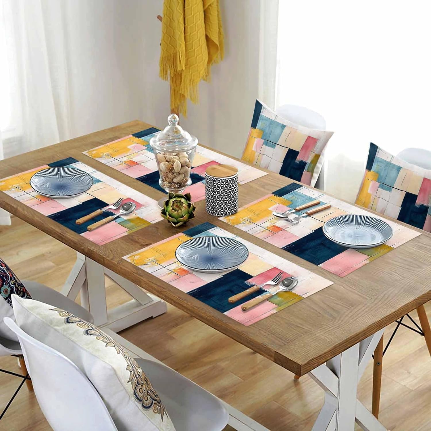 Abstract Art Placemats Set of 6 Modern Pink Blue Beige Geometric Oil Painting 13x19 Inch Washable Non Slip Linen Table Mats, Rustic Summer Placemats for Dining Table Party Kitchen Decor