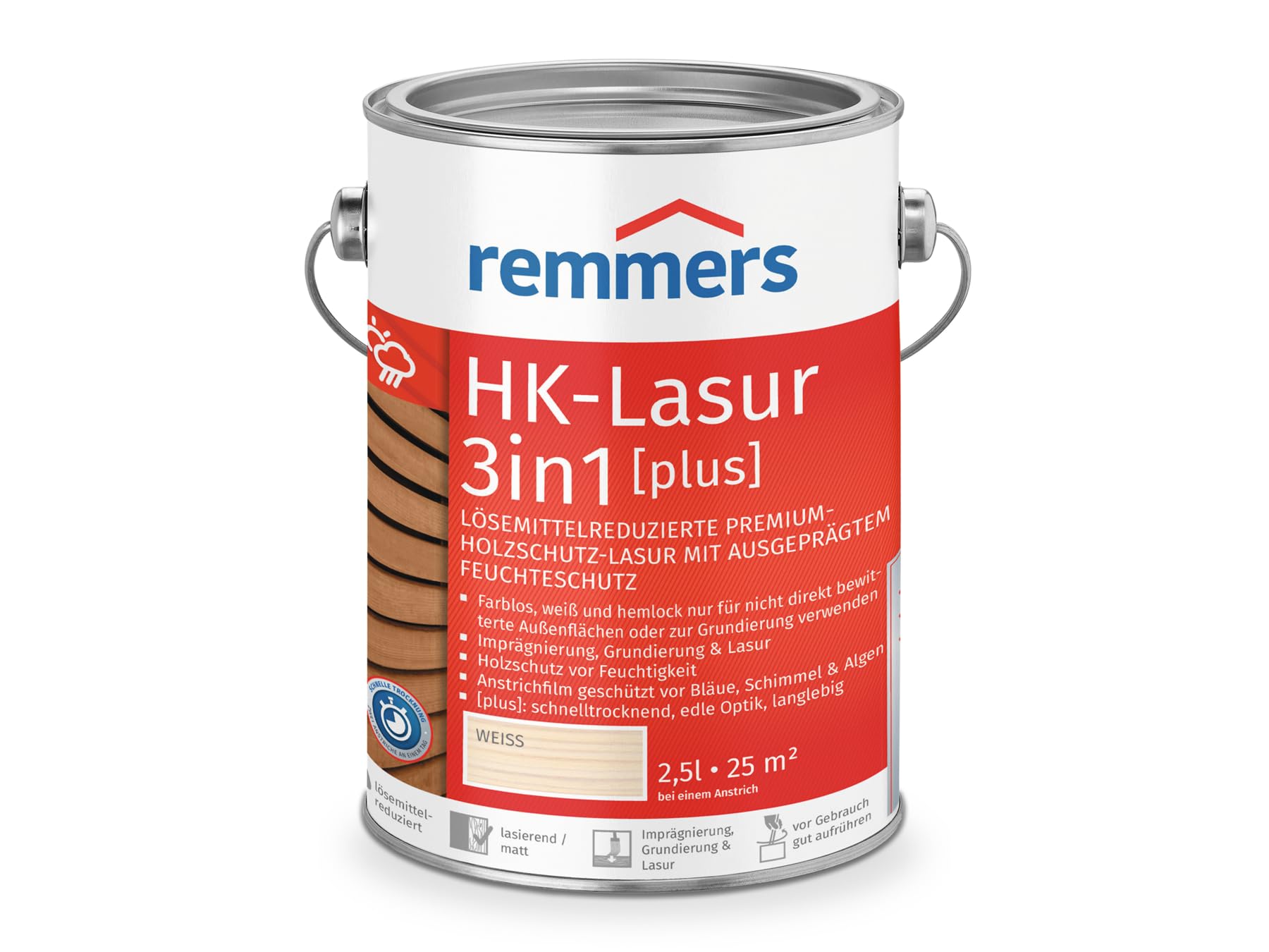 Remmers HK Impregnante 3 in 1 [plus] bianco opaco, 2,5 l, con riduzione dei solventi, vernice protettiva per legno, per esterni, 3 in 1, ad asciugatura rapida, durevole