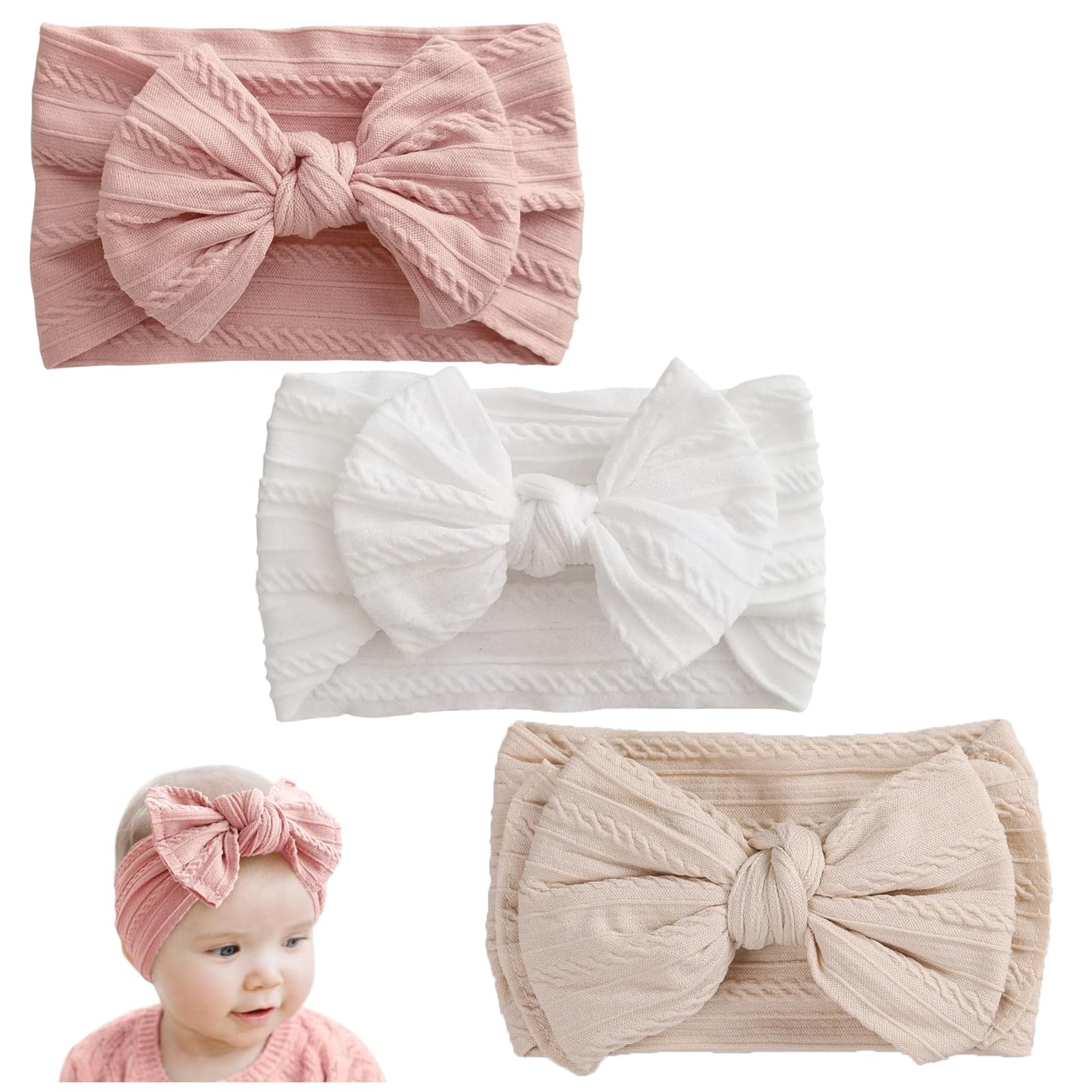 3 Stück Stirnband Baby Mädchen, Elastische Baby Haarband, Nylon Weiche Haarband Mädchen Stirnbandfür Neugeborene, Kleinkinder (Rosa und Weiß und Beige)