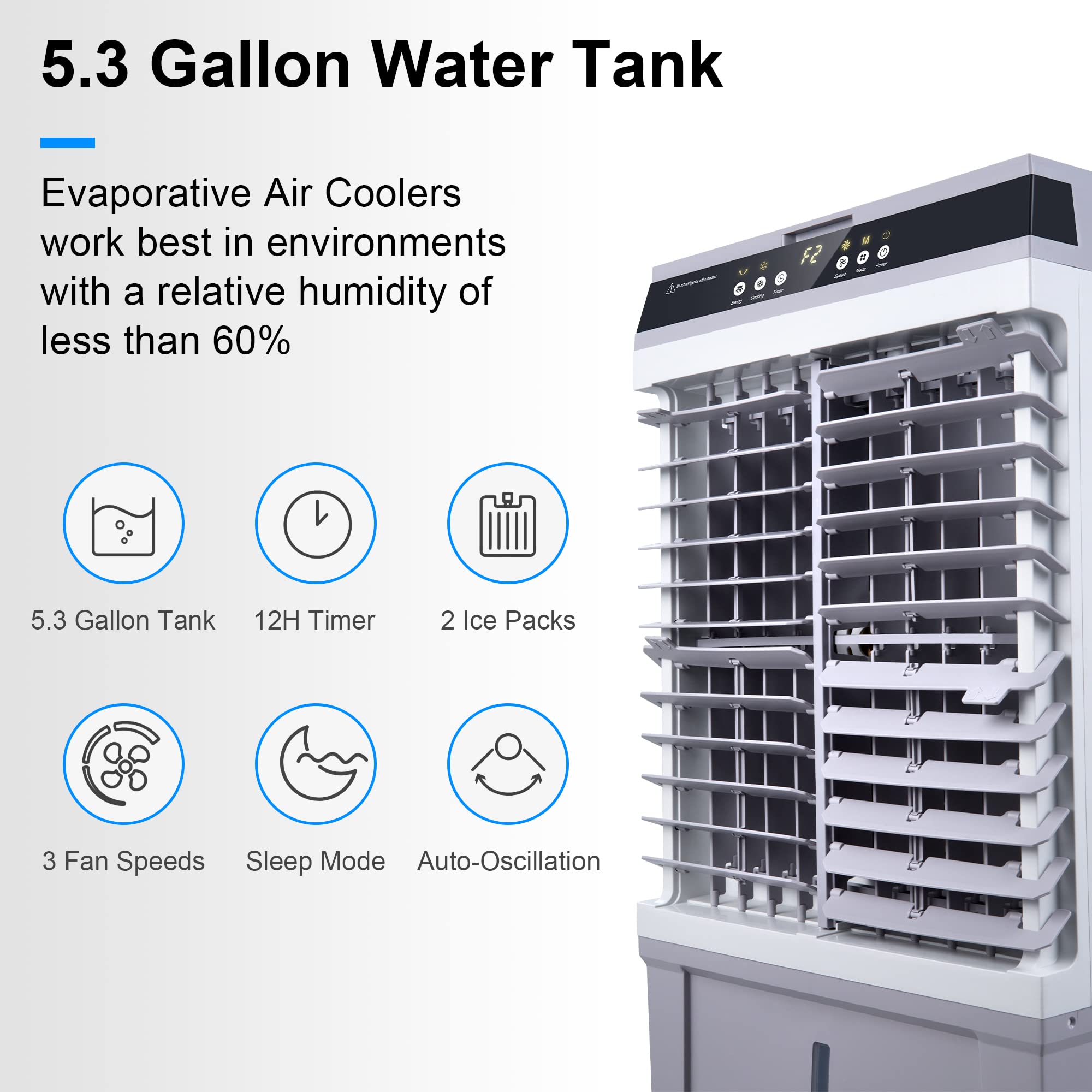 MEPTY Evaporative Air Cooler - 3-in-1 Cooling Fan With 120° Oscillation, 12H Timer & 3 Speeds For Bedroom, Office (Not An AC)