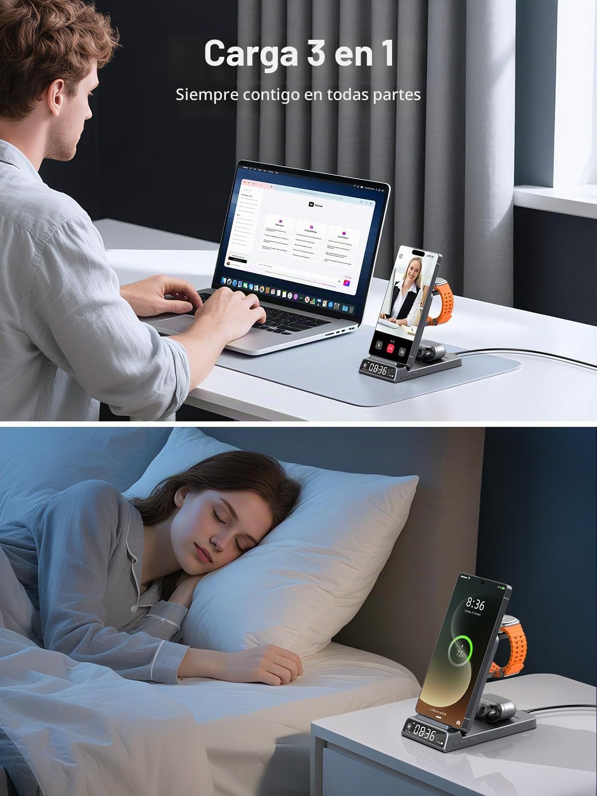 Cargador inalámbrico para estación de carga Samsung con reloj para Samsung Galaxy S25 Ultra/S24/Z Fold 7/Flip 7/Bud, cargador de reloj para Samsung Galaxy Watch 8/7/6/5Pro, estación de carga plegable