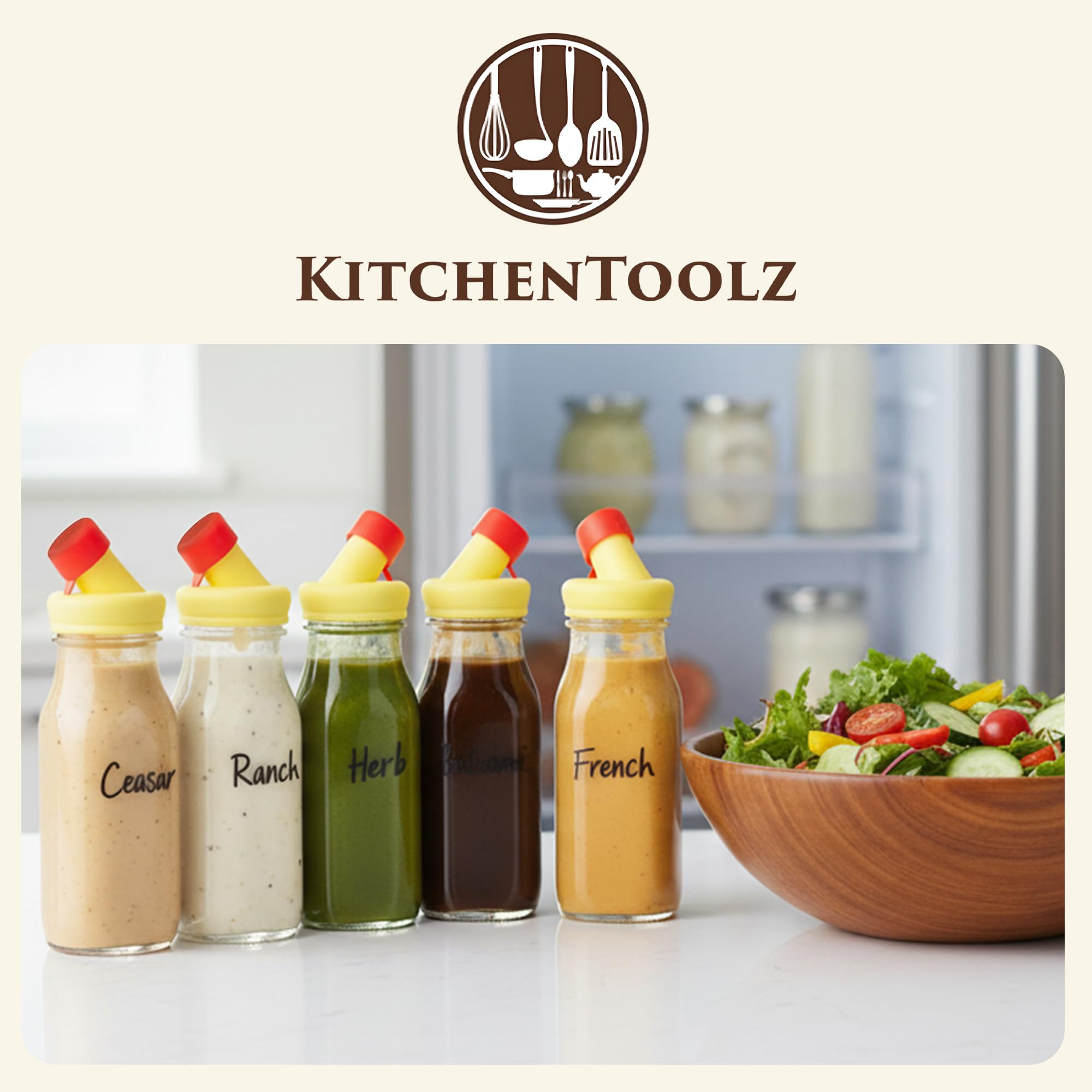 kitchentoolz Salatdressing-Shaker-Flasche – 340 ml Glasflasche mit Silikon-Ausgießer und manipulationssicherer Deckel für Saucen und Marinaden, 4 Stück