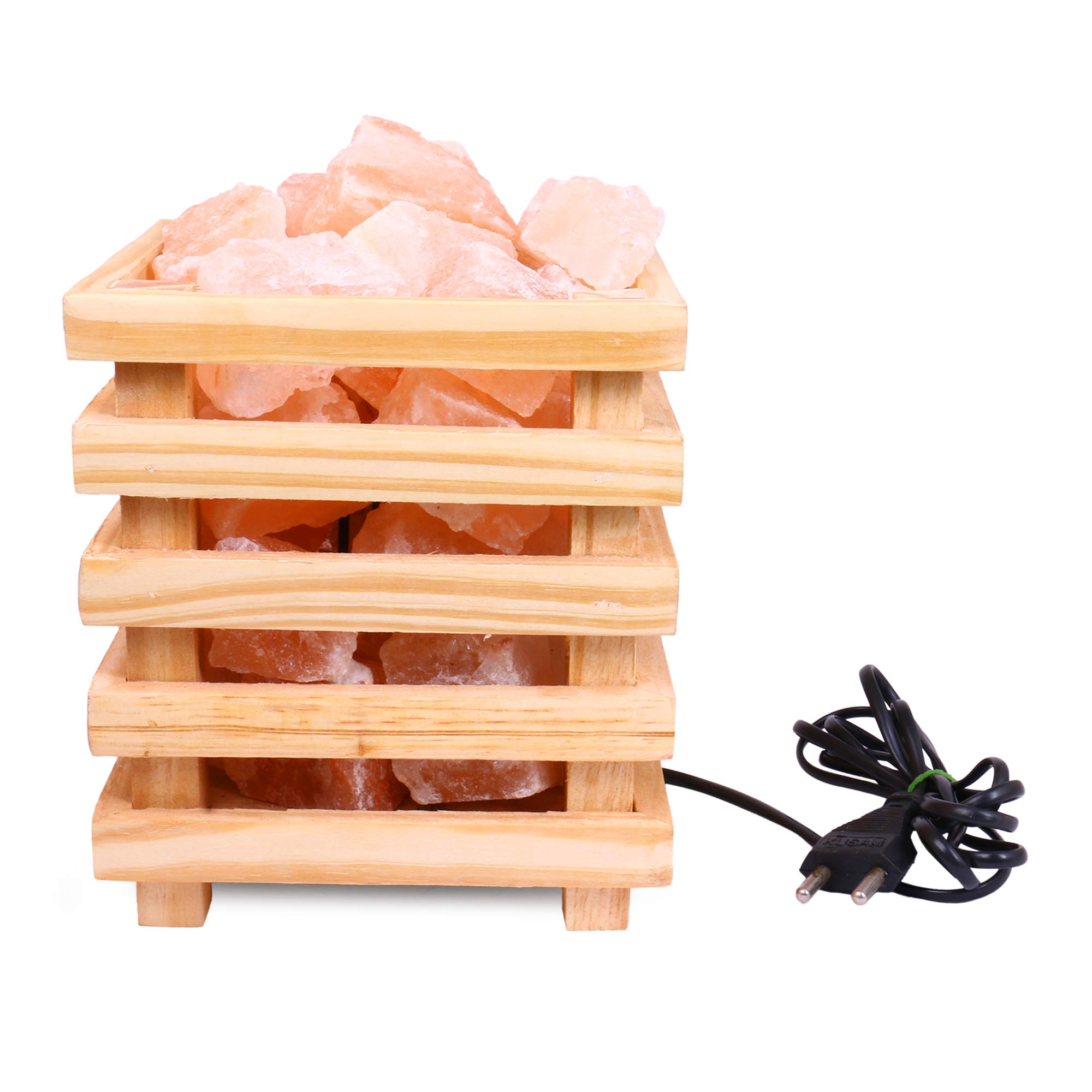 AKH69 Himalayan Rock Salt Lamp in Wooden Basket for Positive Energy, Vastu, Healing, Peace, Harmony, Purification, Best Wellness- Orange