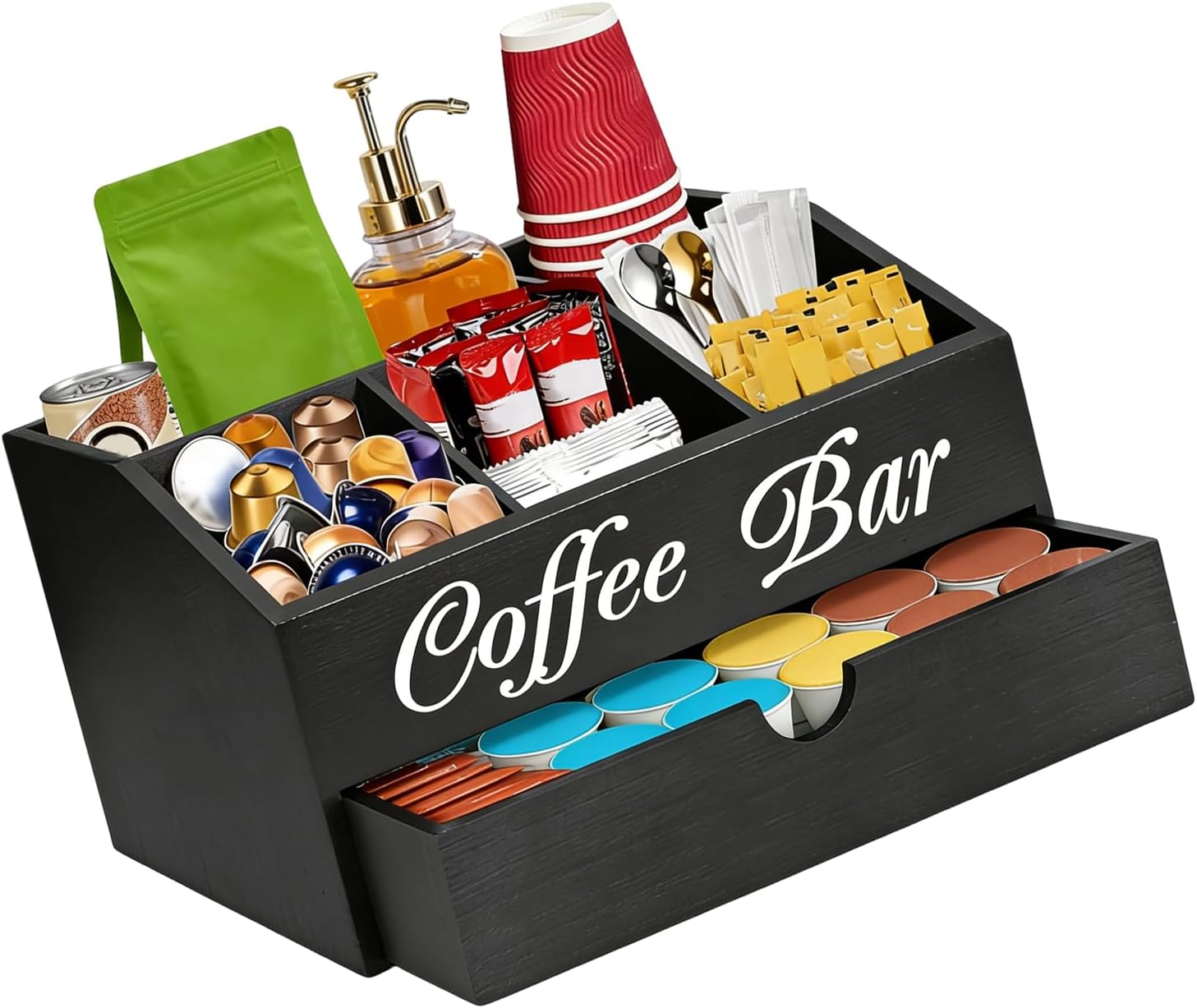 Portable Coffee Corner Organizers with 5 Separate Sections for Tea Bags Sugar and Coffee Pods Kitchen Storage Box