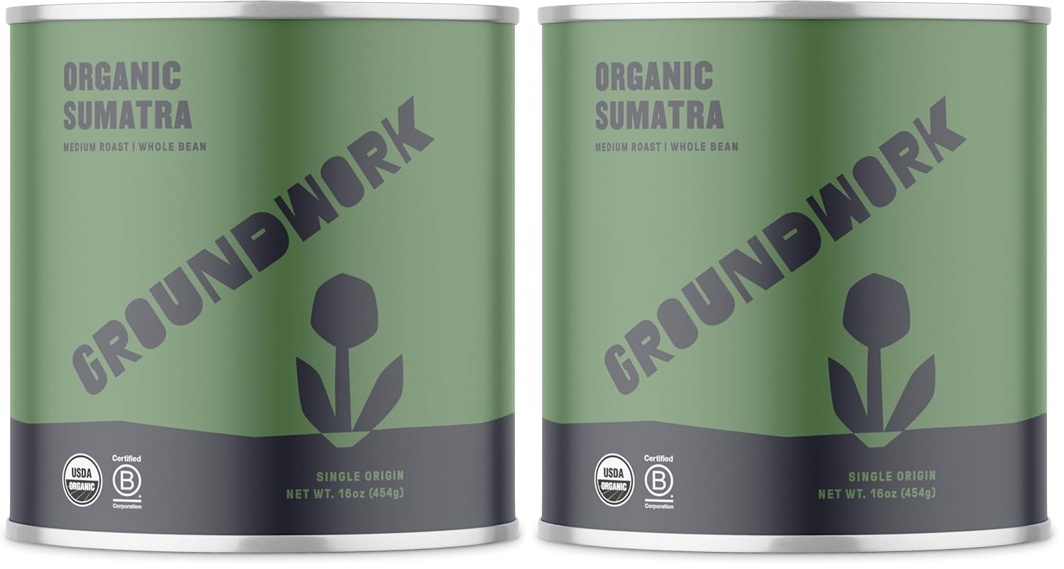 Groundwork Coffee Organic Sumatra Single Origin Whole Bean, 16 Ounce Can (Pack of 2)