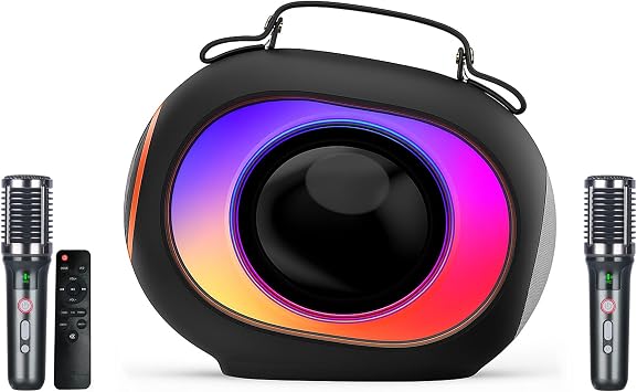 Karaoke Machine, Bluetooth Speaker with Dual Visualized Passive Radiators, 2 Microphones and PA System and Disco Light, Bass/Treble/Echo, Supports TV/TF/USB/AUX/Live for Home Party, Outdoor Black