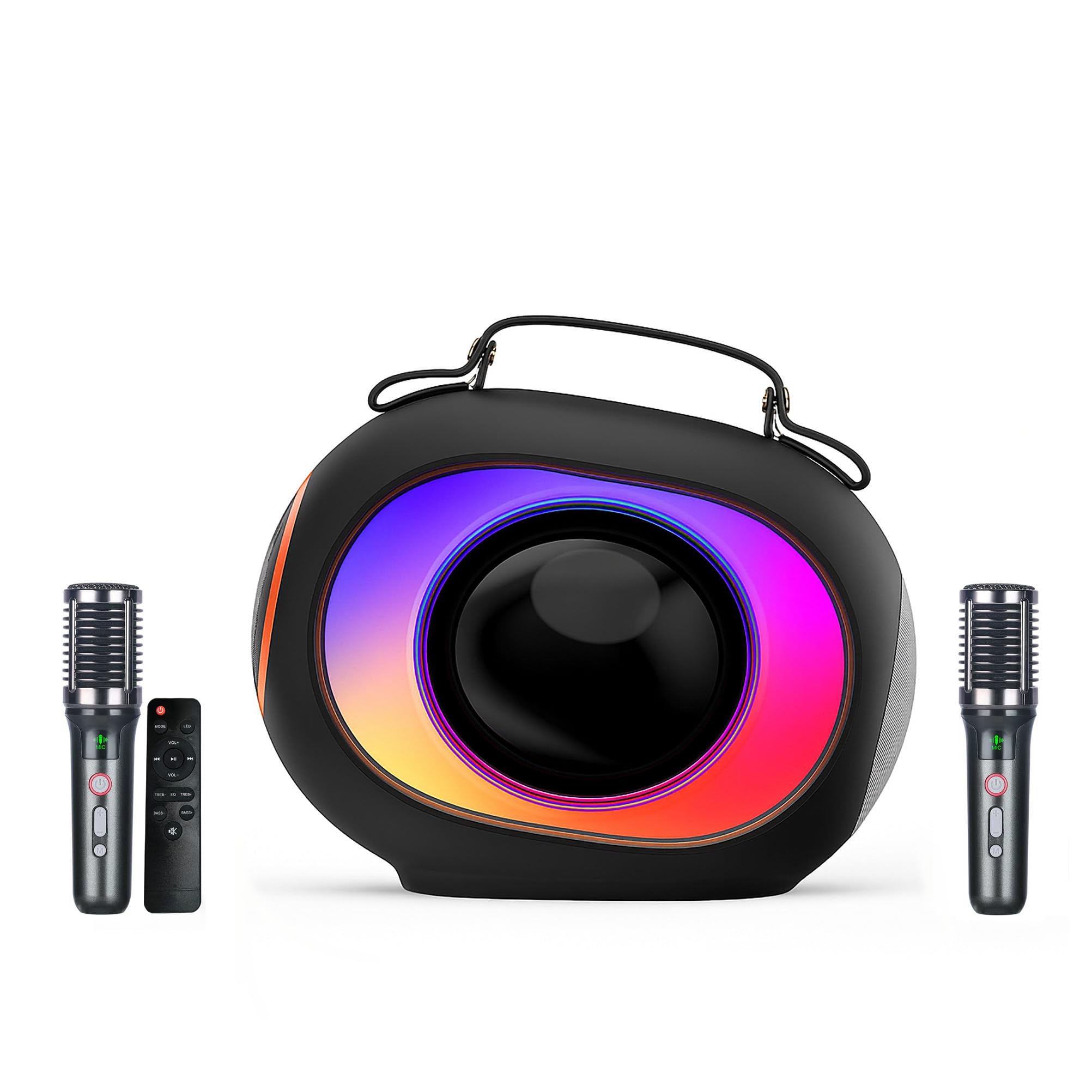 Máquina de karaoke, altavoz Bluetooth con radiadores pasivos visualizados duales, 2 micrófonos y sistema PA y luz de discoteca, bajos/agudos/eco, soporta TV/TF/USB/AUX/Live para fiestas en casa, al