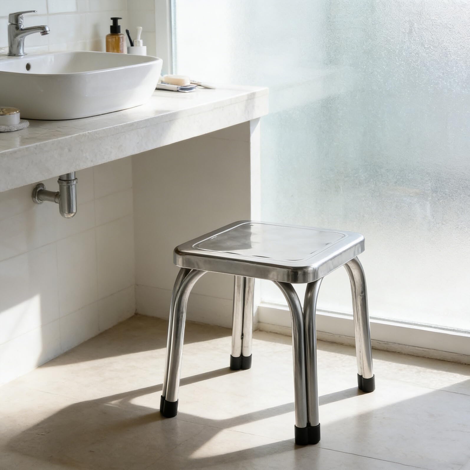 GLEAVI Taburete de Acero Inoxidable Antideslizante 22 Cm de Altura para Ducha y Baño, Banco Compacto para Personas Mayores y Uso Doméstico, Asiento Resistente y Fácil Limpieza