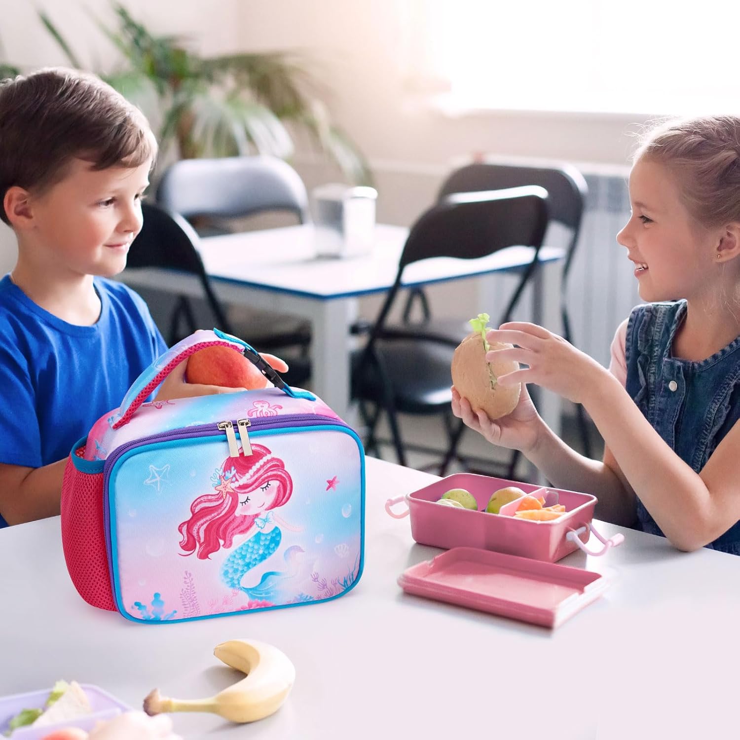 WAWSAM Mermaid Lunch Box for Girls - Insulated Pink Girls Lunch Box for Kids School Lunch Bag Preschool Kindergarten Elementary Picnic Thermal Lunch Tote Boxes with Handle Pocket and Bottle Pocket