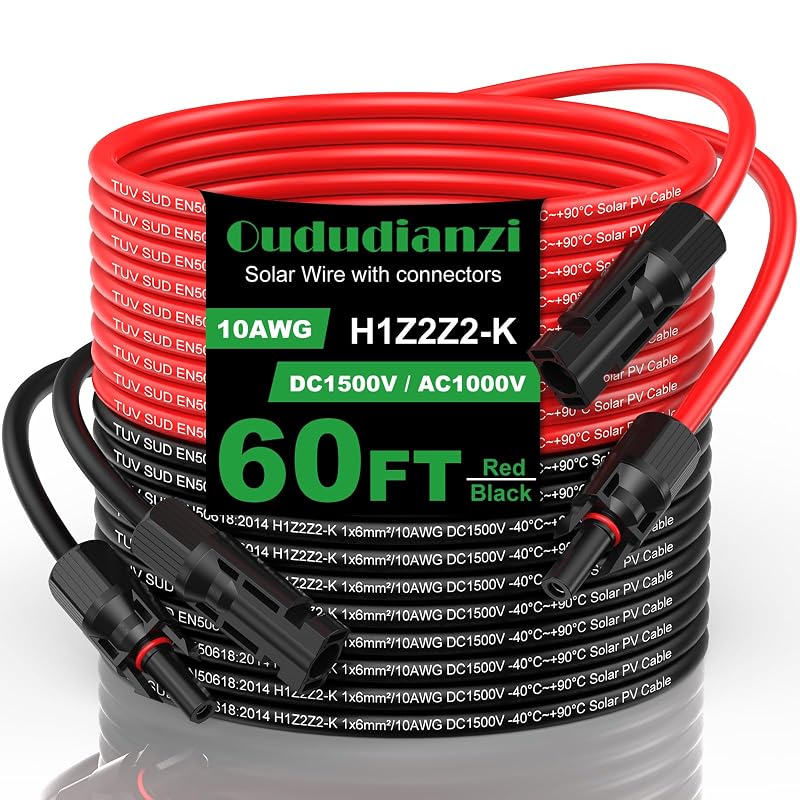 Cabo de Extensão Solar Oududianzi 10 AWG com Conectores para Sistemas Fotovoltaicos, 18,3 m, Vermelho e Preto
