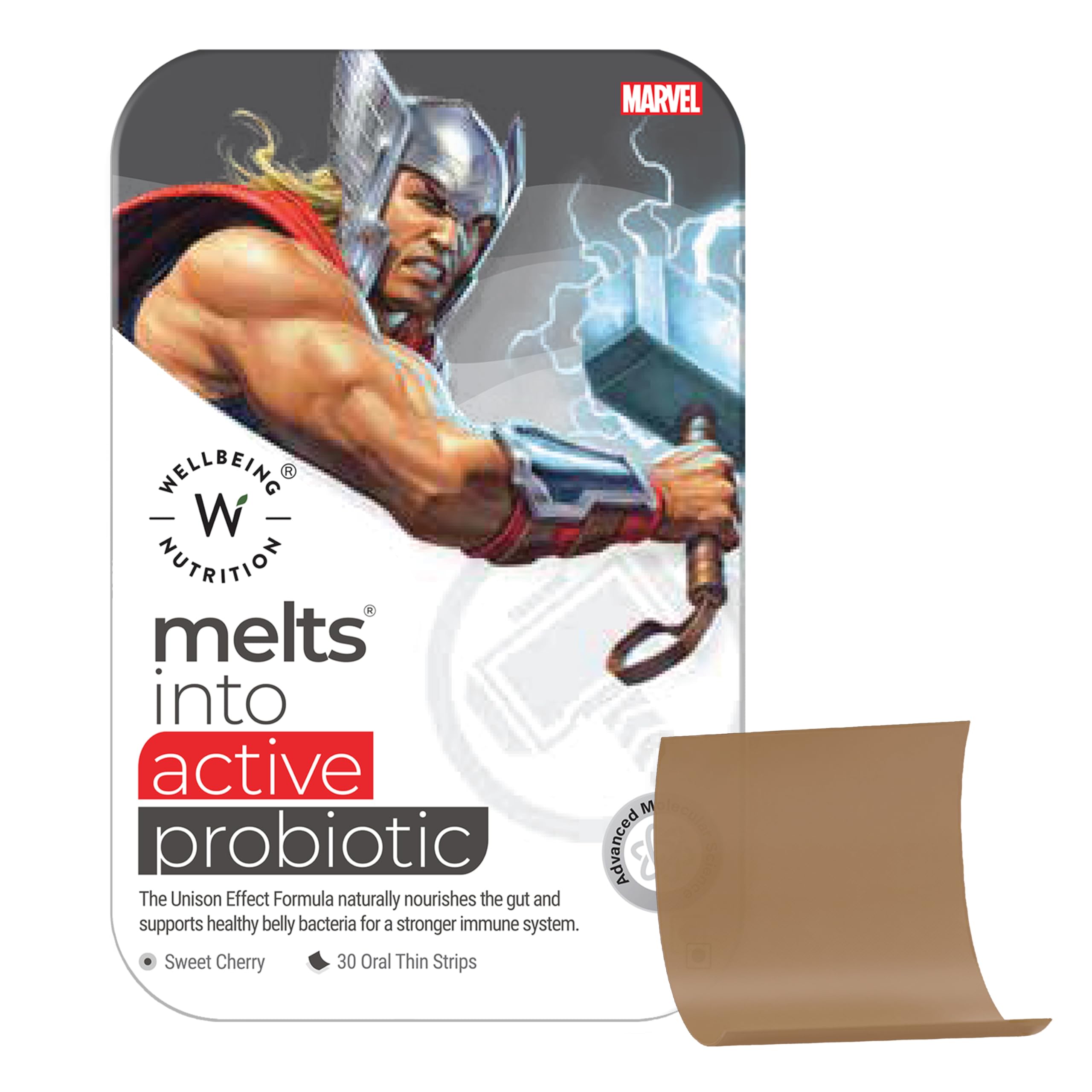 Wellbeing Nutrition Marvel Melts Probiotics & Prebiotics for Kids | 7B CFU, Vitamin C & D3 | Improve Digestion, Immunity & Gut Health | Sweet Cherry Flavor, 30 Oral Strips