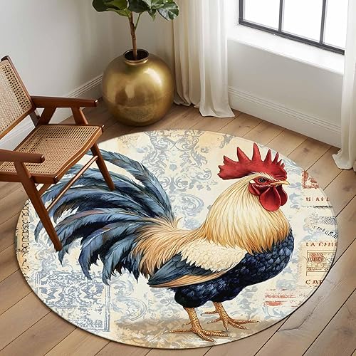 Miniatura 3 de 5ft Round Rug, Retro Rooster Non-Skid Rubber Backing Large Area Rugs - Living Room Bedroom Home Office, Watercolor Pastoral Animals Botanical Indoor