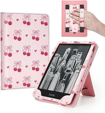 Pink Cherry Bow Case for 7"/6.8" Kindle Paperwhite 12th/11th Gen,Pocketbook,Colorsoft, Cute Stand Hand Strap Book Cover Sleeve Ebook Gifts Accessories 2024 2025
