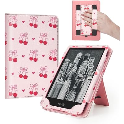 Pink Cherry Bow Case for 7"/6.8" Kindle Paperwhite 12th/11th Gen,Pocketbook,Colorsoft, Cute Stand Hand Strap Book Cover Sleeve Ebook Gifts Accessories 2024 2025