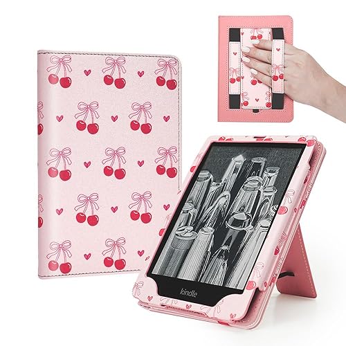 Pink Cherry Bow Case for 7"/6.8" eReaders,Compatible with Kindle Paperwhite 12th/11th Gen,MEEBOOK,Pocketbook,Colorsoft, Cute Stand Hand Strap Book Cover Sleeve Ebook Gifts Accessories 2024 2025