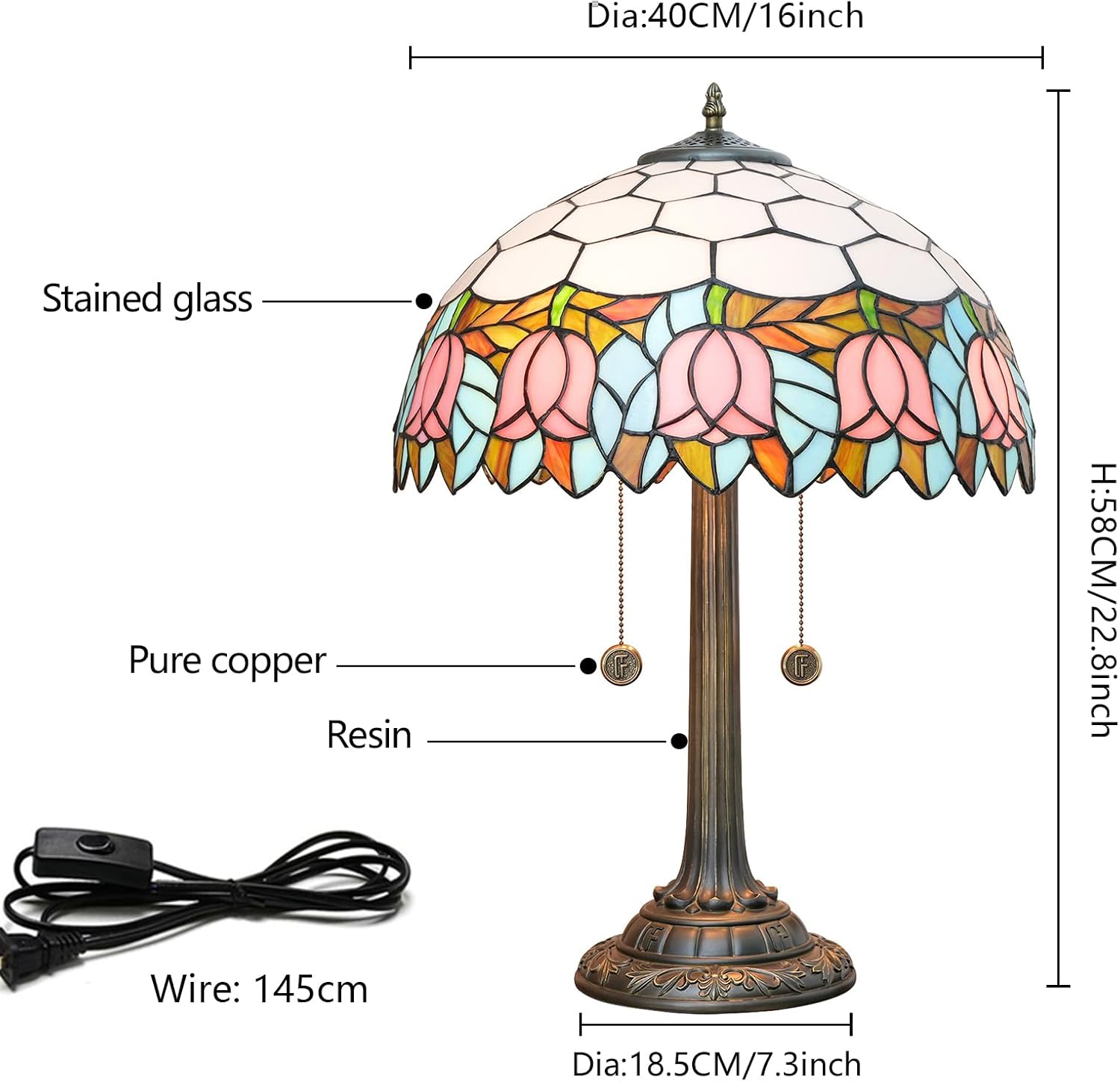 Tiffany Table Lamp 16 inch Pink Tulip Tiffany Style Stained Glass Lamp for Living Room Dining Room Antique Bedside Light Decor for Home Office