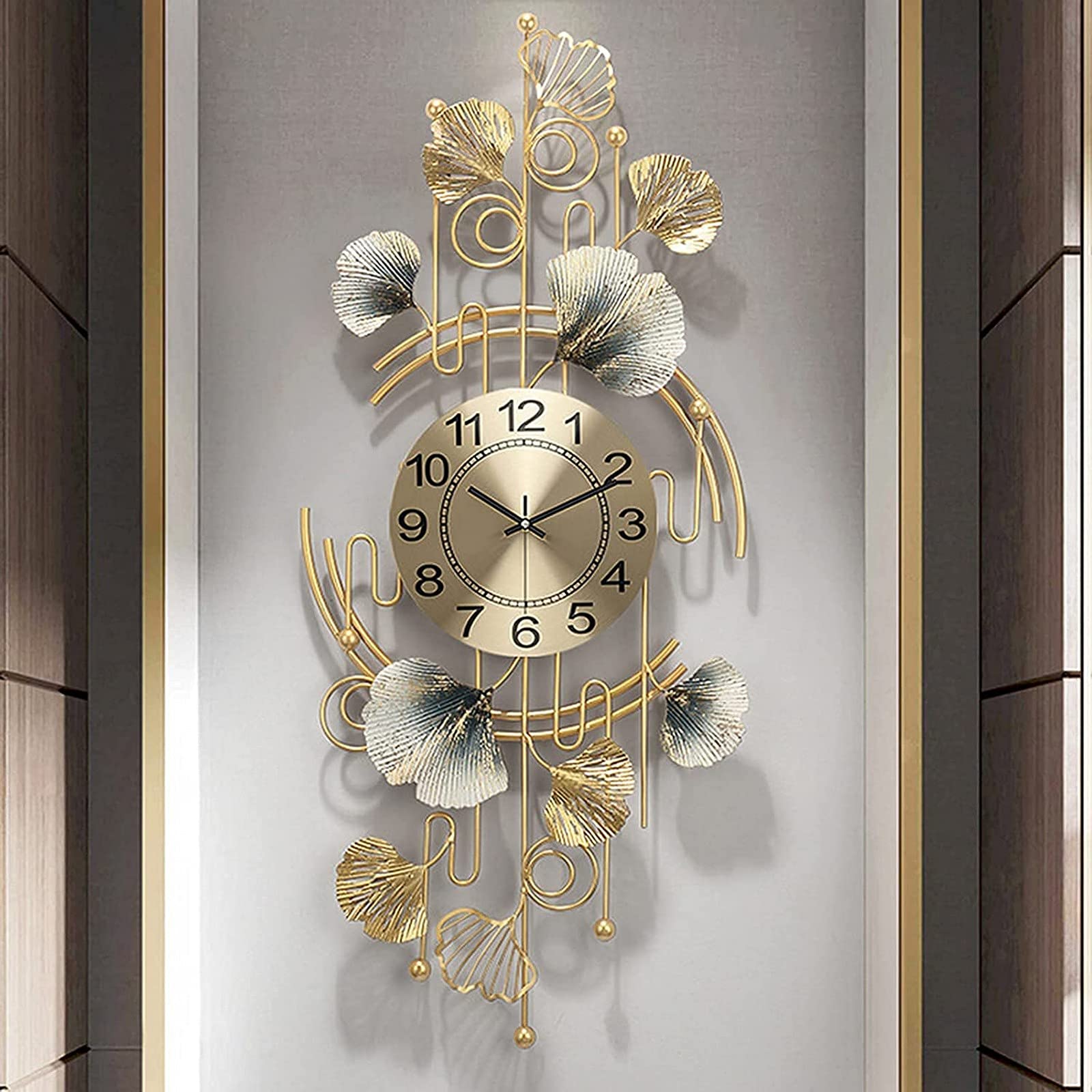 Horloge murale moderne à quartz en métal 3D motif ginkgo pour maison