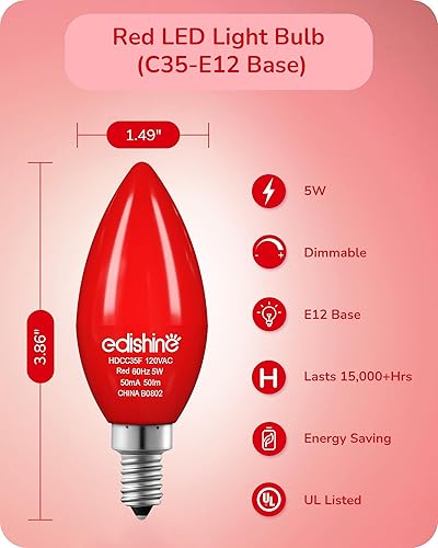 Miniatura 3 de EDISHINE Bombilla roja regulable, bombillas de candelabro C35 E12, equivalente a 60 W, bombilla LED para candelabro, bombilla de vela vintage,