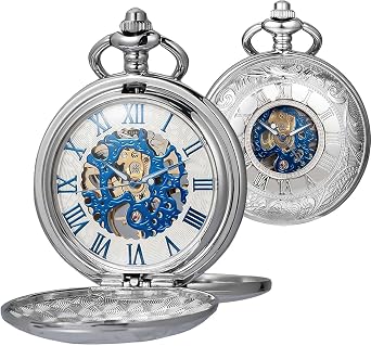 Mens Womens Skeleton Pocket Watch Mechanical Roman Numerals Dial with Box and Chain, AC Silver Blue
