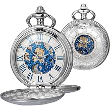 Mens Womens Skeleton Pocket Watch Mechanical Roman Numerals Dial with Box and Chain, AC Silver Blue