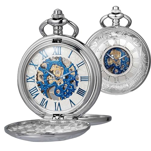 Skeleton Pocket Watches Mechanical Roman Numerals Dial with Box and