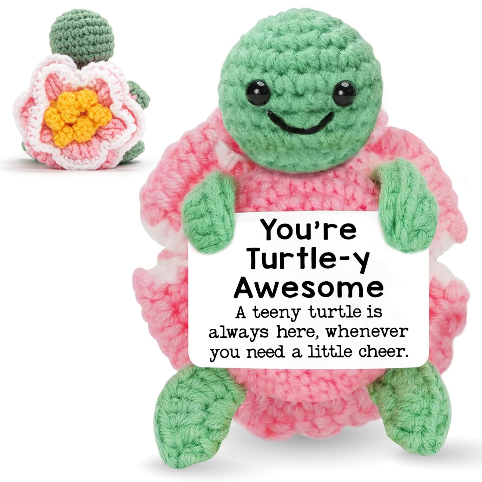 Bafiwu Funny Positive Turtle Gifts, Small Handmade Crochet Animals Cute Stuff, Inspirational Gifts for Women Birthday Presents, Emotional Motivational Support Turtle Decor (peony)