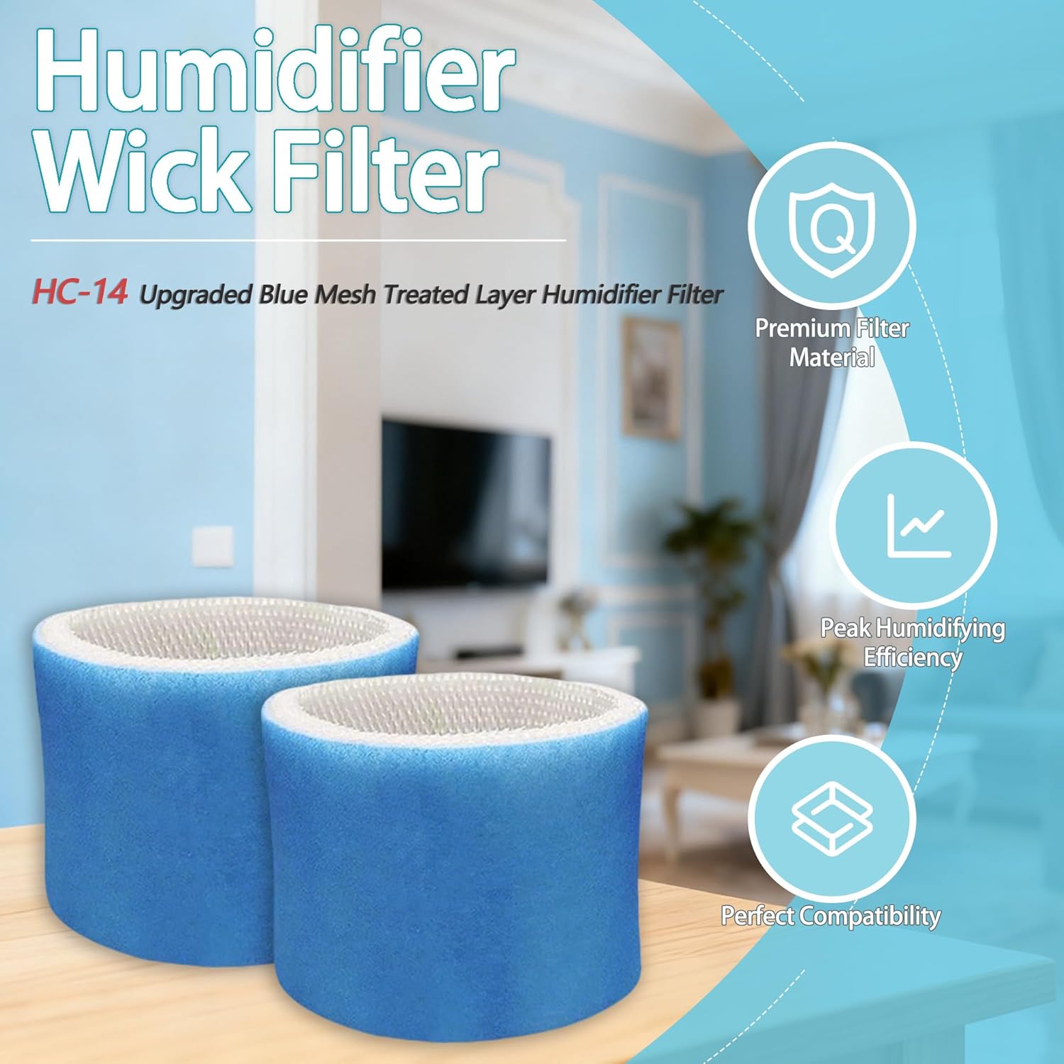 HC-14 Upgraded Blue Mesh Treated Layer Humidifier Filter Compatible with Honeywell HCM-6009, HCM-6011, HEV680, HEV685 Humidifiers, Part HC-14, HC-14N, HC-14V1, Wicking Filter E (2 Pack)