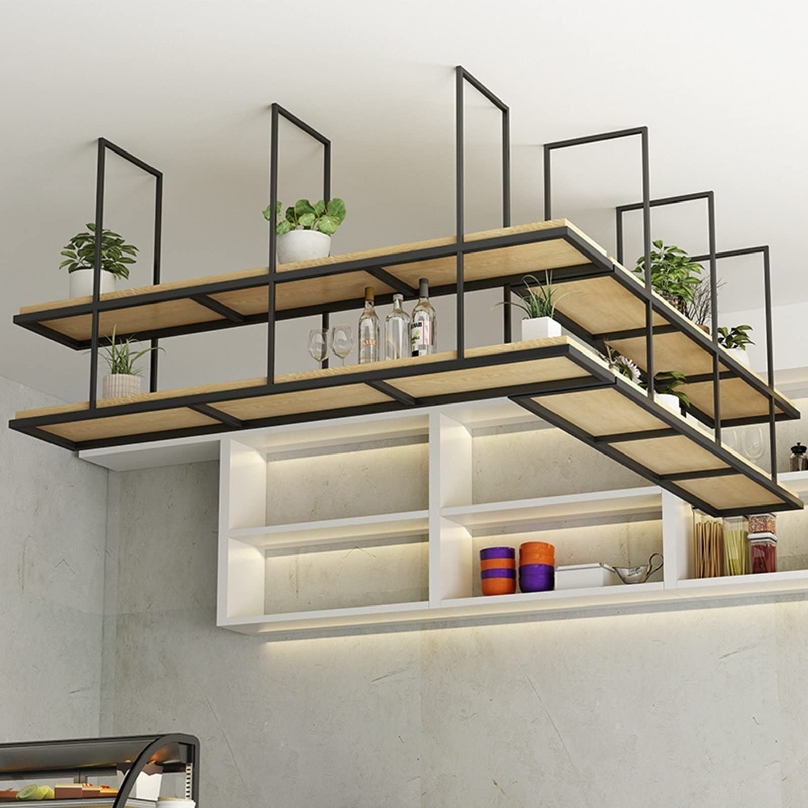 Hanging wine glass rack Ceiling Shelf 2 Tier Ceiling Hanging Wine Rack Ceiling Mounted Iron Plant Rack, Kitchen Wall Mounted Solid Wood Storage Rack, Multifunctional Hanging Display Rack, for LOFT/Liv