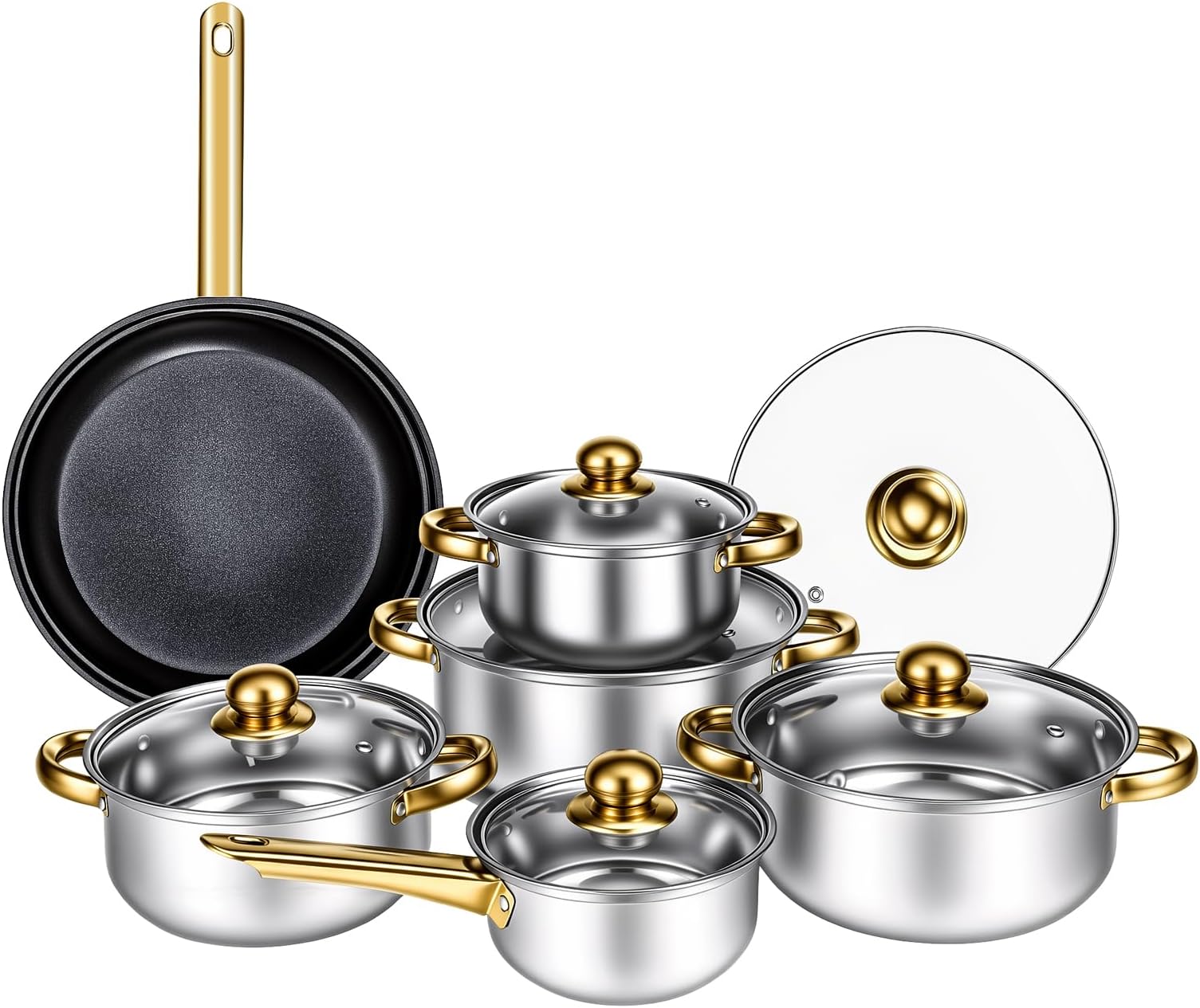 12PC Stainless Steel Pan Set, Frying Pan & Casserole Stainless Steel Pan Set | Non Stick Pots and Pans Sets with Lids | Golden Handles, Durable Quality | for Gas, Electric & Induction Hobs