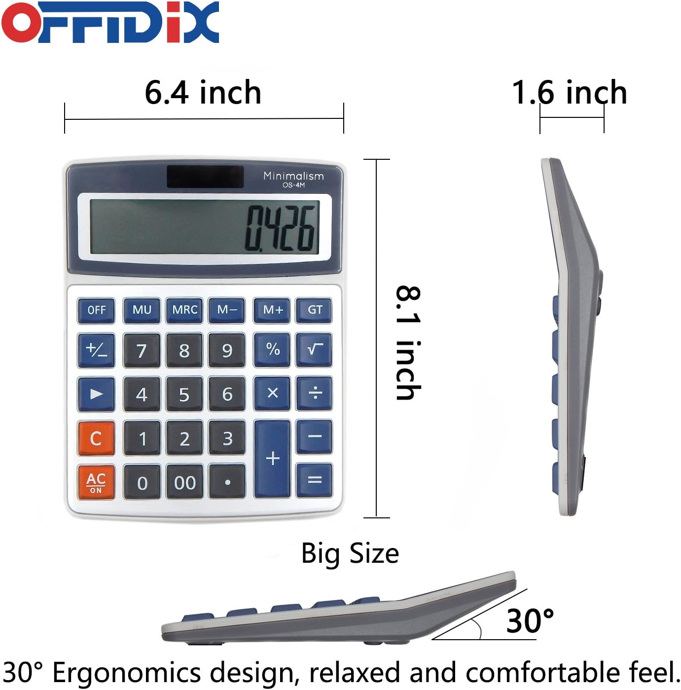 OFFIDIX Basic Office Calculators,Solar and Battery Dual Power Electronic Calculator Portable Large LCD Display Calculator Big Numbers Desktop Calculator (Big Size)