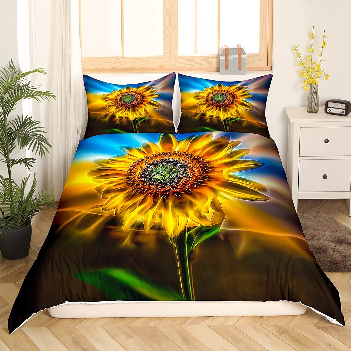 Sunflower Comforter Cover Set King Floral Print Bedding Set Modern Style Girls Teen Bedding Comforter Cover 3 Pieces Soft Youth Pattern Decor Adult Loves the Life Bedding Set with Zipper Ties Gorgeous