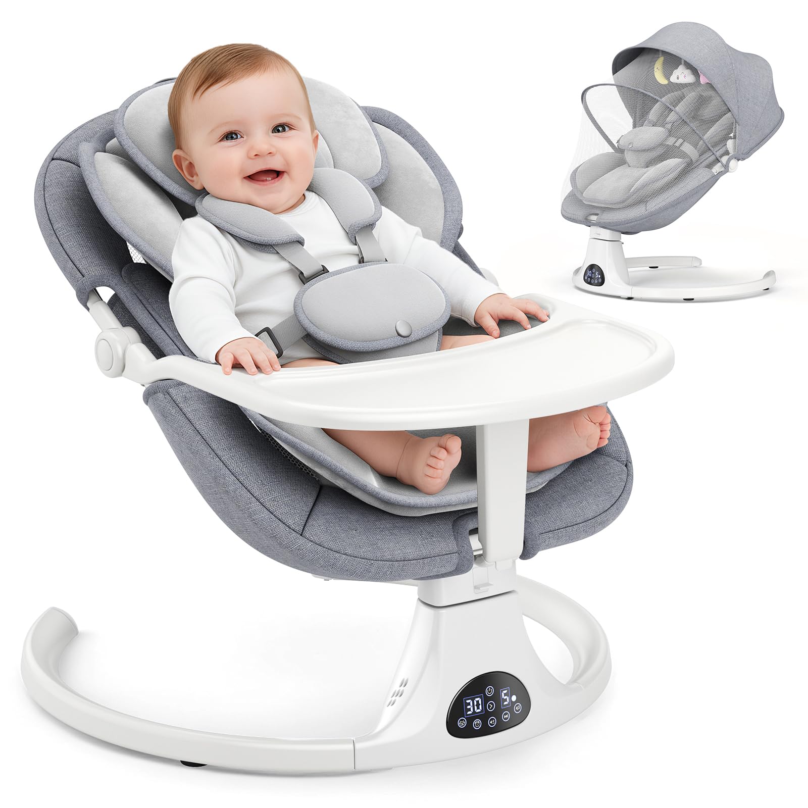 Electric Baby Swing with Tray, Baby Bouncer with Remote Control, 5 Swing Speeds & 3-Stage Timers, 12 Music Built-in，Bluetooth Music & USB, 3-Position Adjustable Backrest, 3 Power Supply Modes-Grey