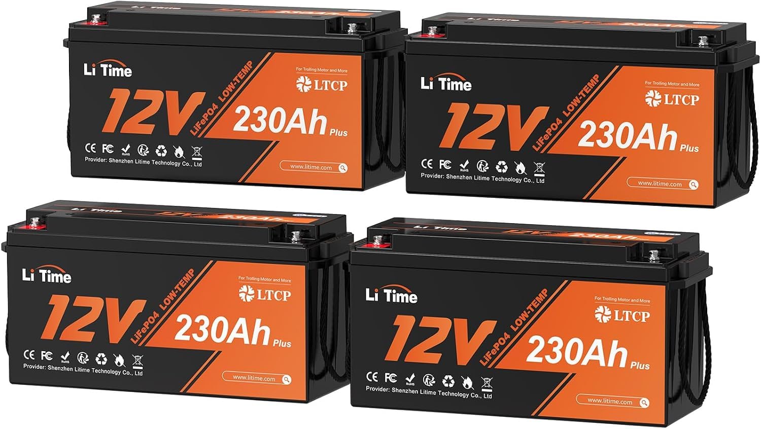 LiTime Batteria Litio 12V 230Ah LTCP LiFePO4 per Camper, Caravan (4 pezzi)