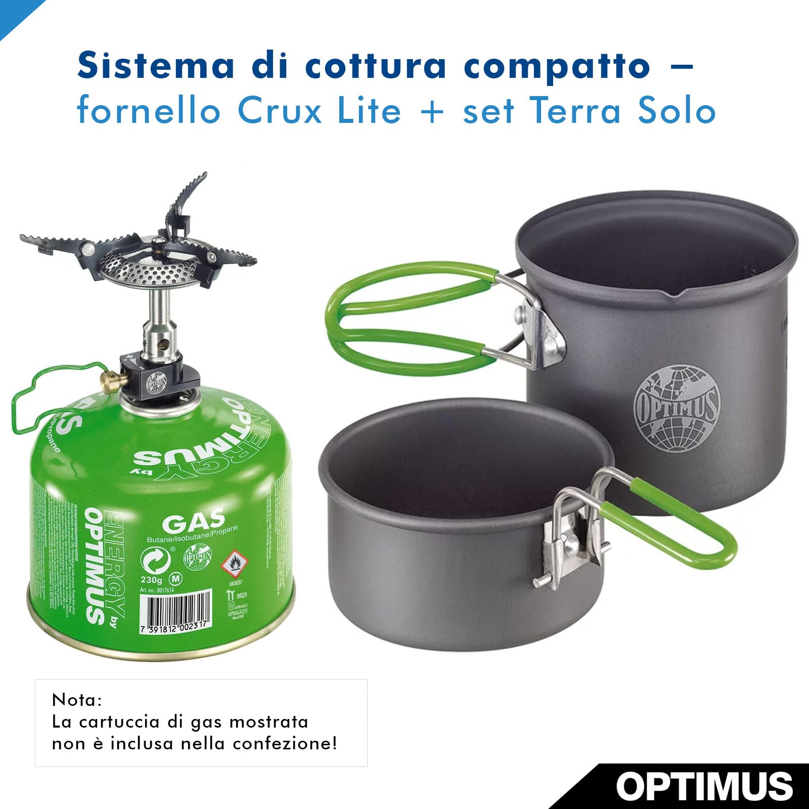 Optimus Crux Lite Sistema di cottura in solitaria per il campeggio e il trekking - Set di fornelli a gas ultraleggeri con pentola e padella da 0,6 L | 3000 W di potenza | 272 g