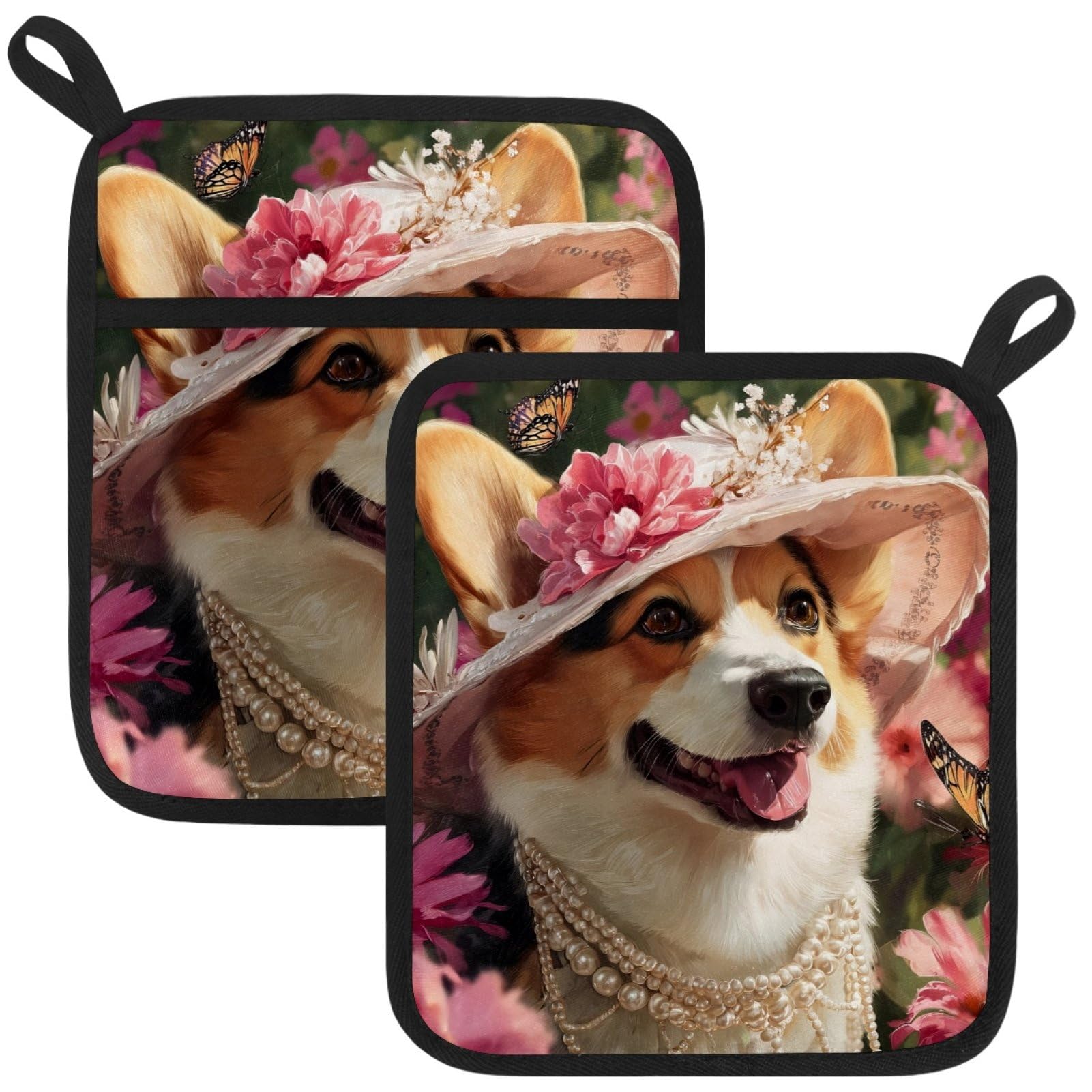 VAPOKF Pink Corgi Pot Holders with Pocket for Kitchen Heat Resistant Potholders Large Polyester-Cotton Square Oven Mitts Set