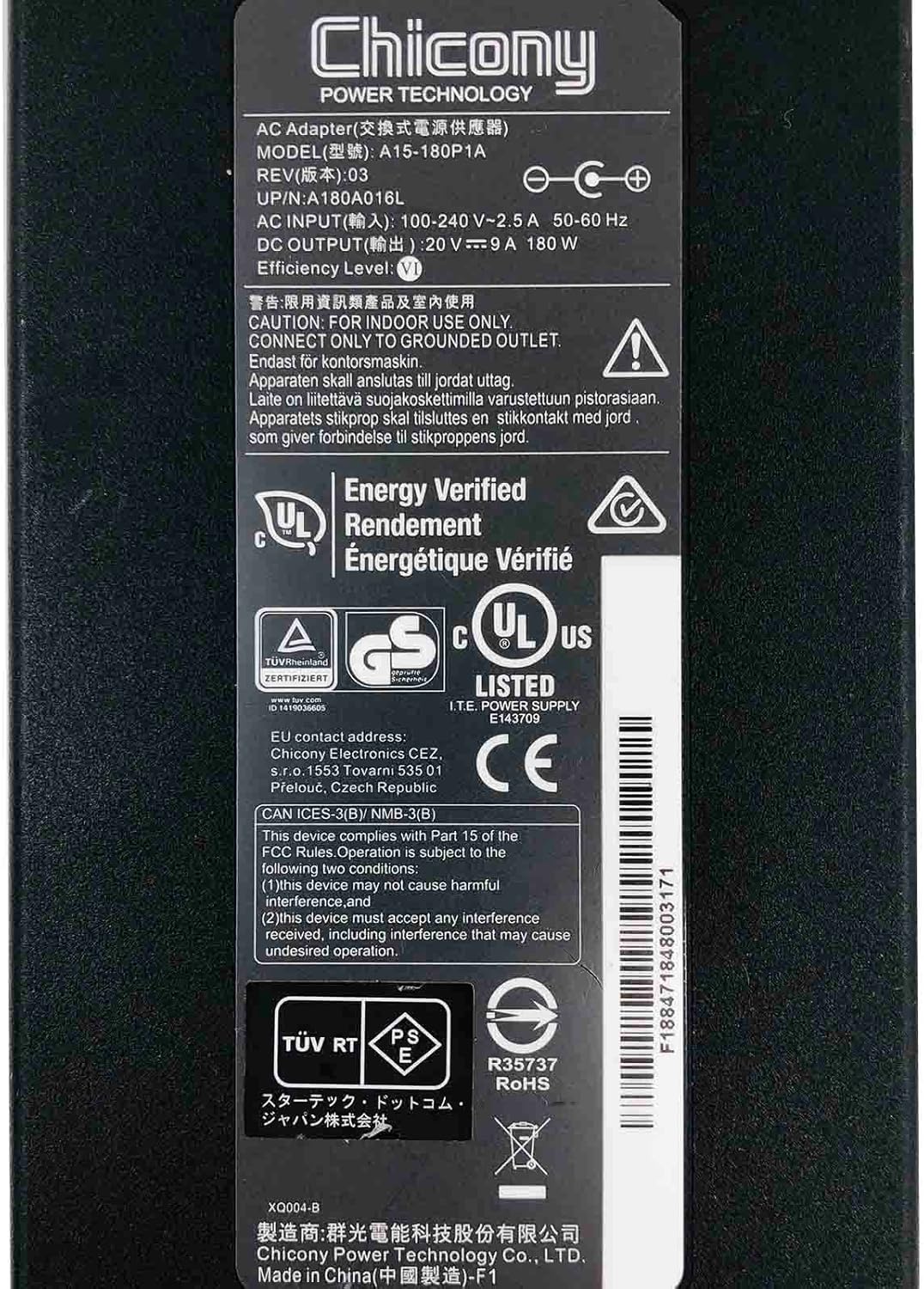 Chicony 180W AC Adapter A15-180P1A Power Supply 20V 9A 5.5x2.5 mm with Cord