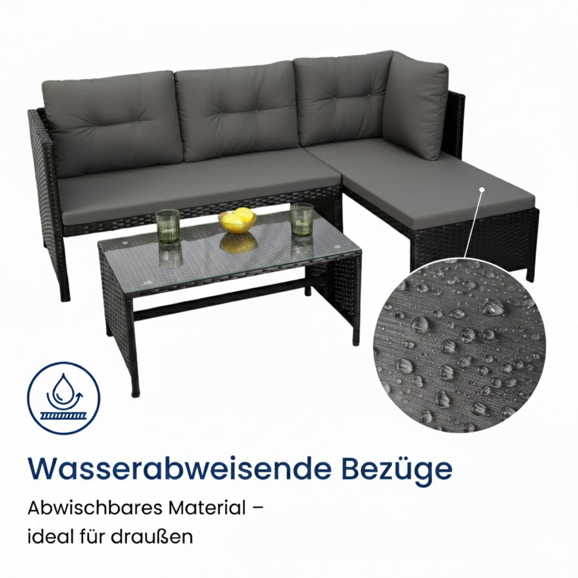 Home Collective Gartenmöbel Set Lounge Möbel Outdoor Sofa Gartenlounge Polyrattan | Mit Couchtisch & gemütlichen Polstern | Für Terrasse, Balkon oder Garten | 180x120x63,5 cm (BxTxH) | Schwarz