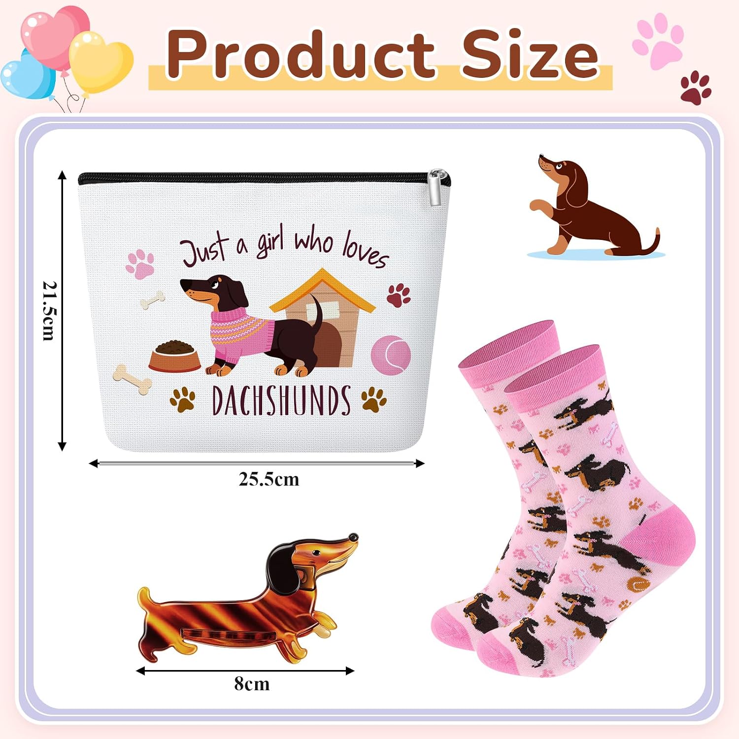 Paterr Dachshund Gifts for Women Gift Set, Funny Weiner Dog Dog Mom Gifts Bundle Including 16oz Glass Cup, Socks, Makeup Bag & Hair Clip, Cute Doxie Lover Birthday & Christmas Gift Set
