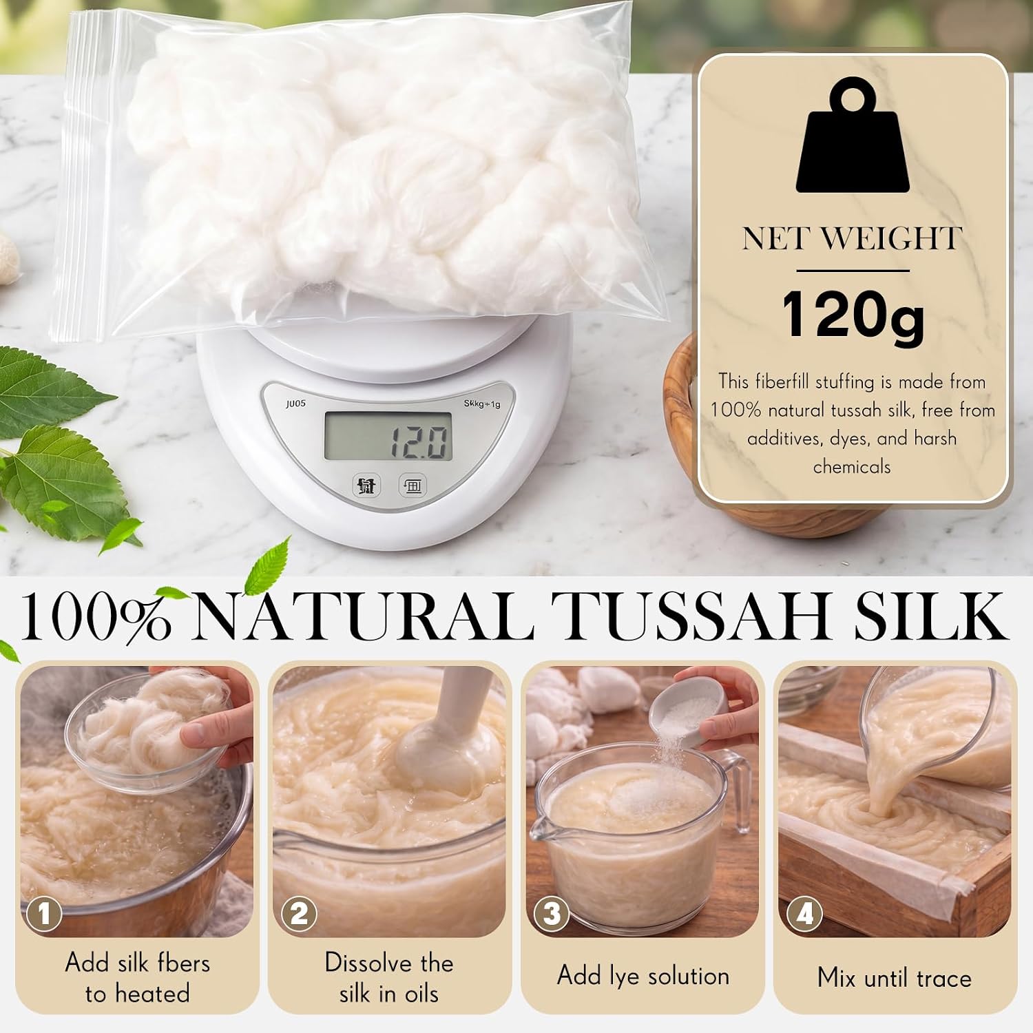 Treela Pure Natural Tussah Silk Sliver 120g Spinning Blending Felting Dyeing Paper Making Weaving for Cold Process Soap Making Spinning Felting DIY Crafts Bleached White