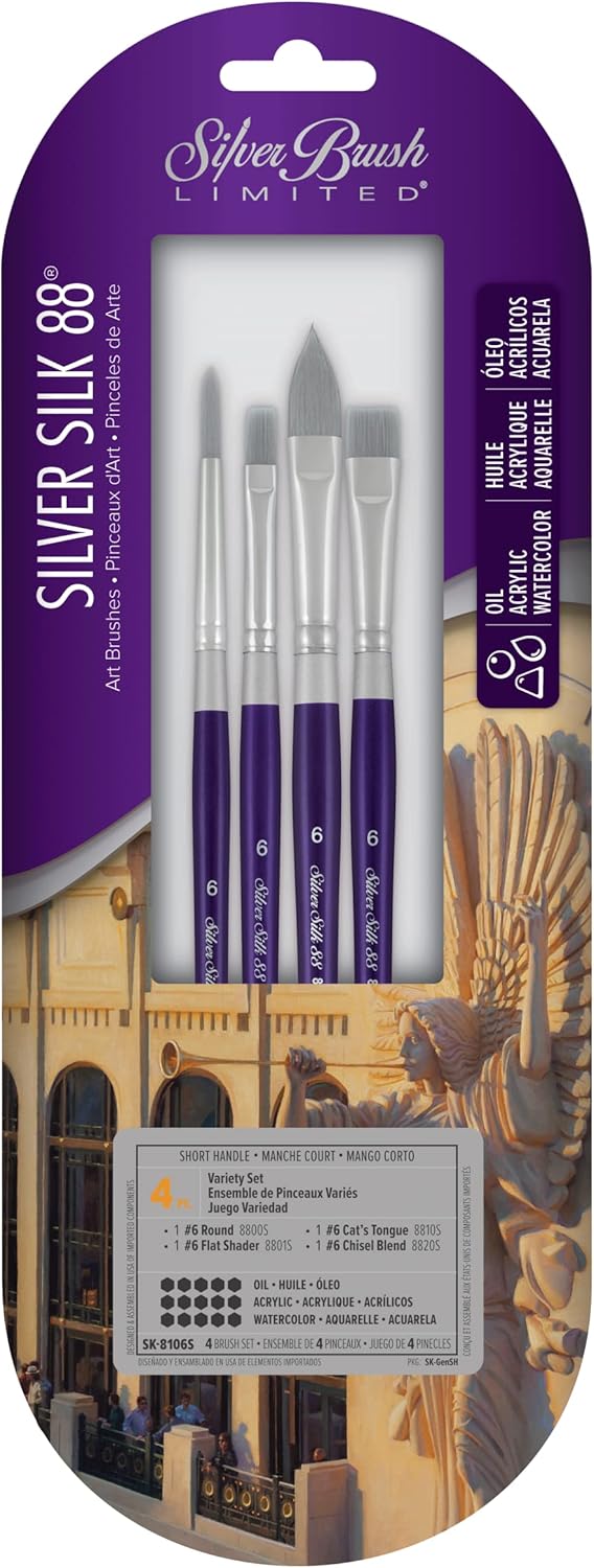 Silver Brush Limited SK-8106S Silver Silk 88 Paint Brush Set, 4-Piece, Short Handle
