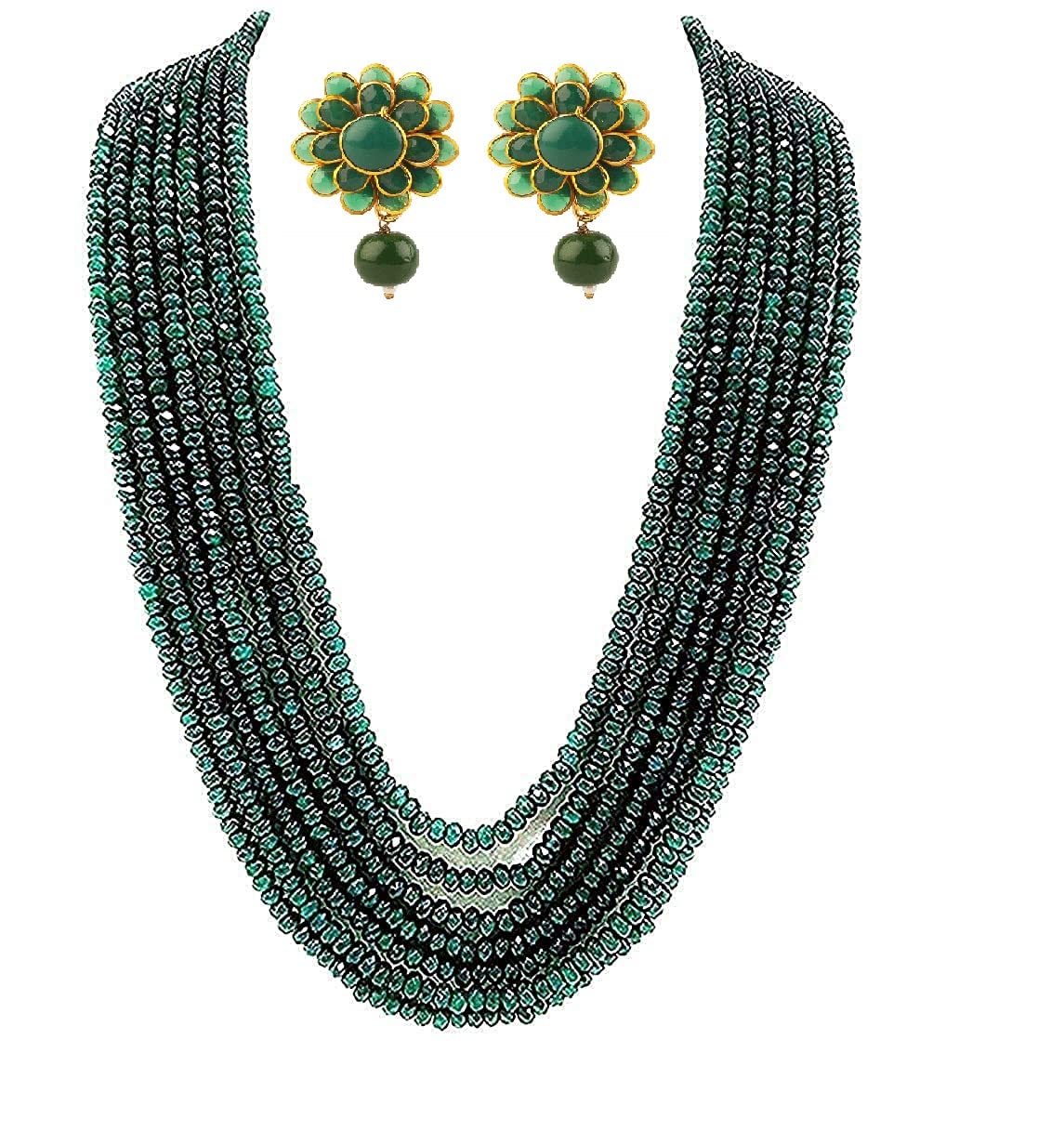 Manbhar GemsSemi Precious Stone Green Onyx Emerald Colour 7 Layer with Earring Beautiful Necklace for Girls & Women Fashion Jewellery
