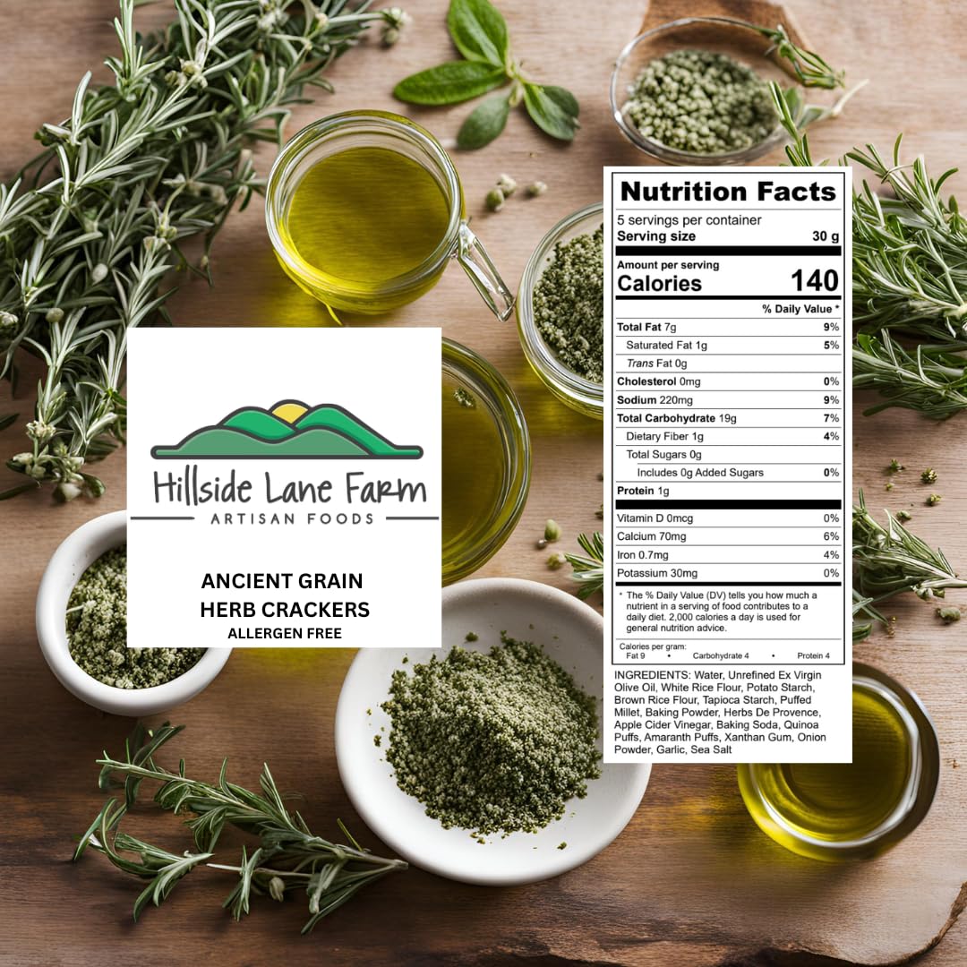 Hillside Lane Farm Herb Crackers – Gluten Free, Allergen Free, Vegan, Kosher - Ancient Grain Snack – 4 Pack, 5oz Bags