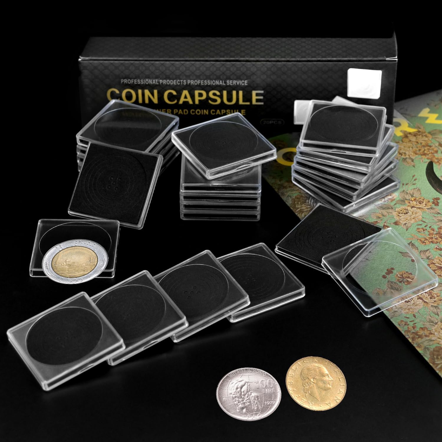 QWORK Coin Collection Cases with Adjustable Sponge Rings - 40 Pack 2 x2 Inches, Plastic Coin Holders with Sponge Gaskets in 5 Sizes