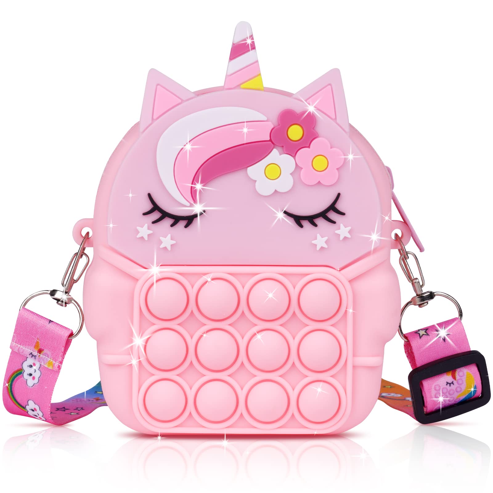 Ainiv Pop it Pop Bag, 2 in 1 unicorn Fidget Bag for Girls, Silicone Push Bubble Crossbody Bag Small Purse, Shoulder Bag with Adjustable Strap Length, Relief Stress for Adult Kids (Pink)